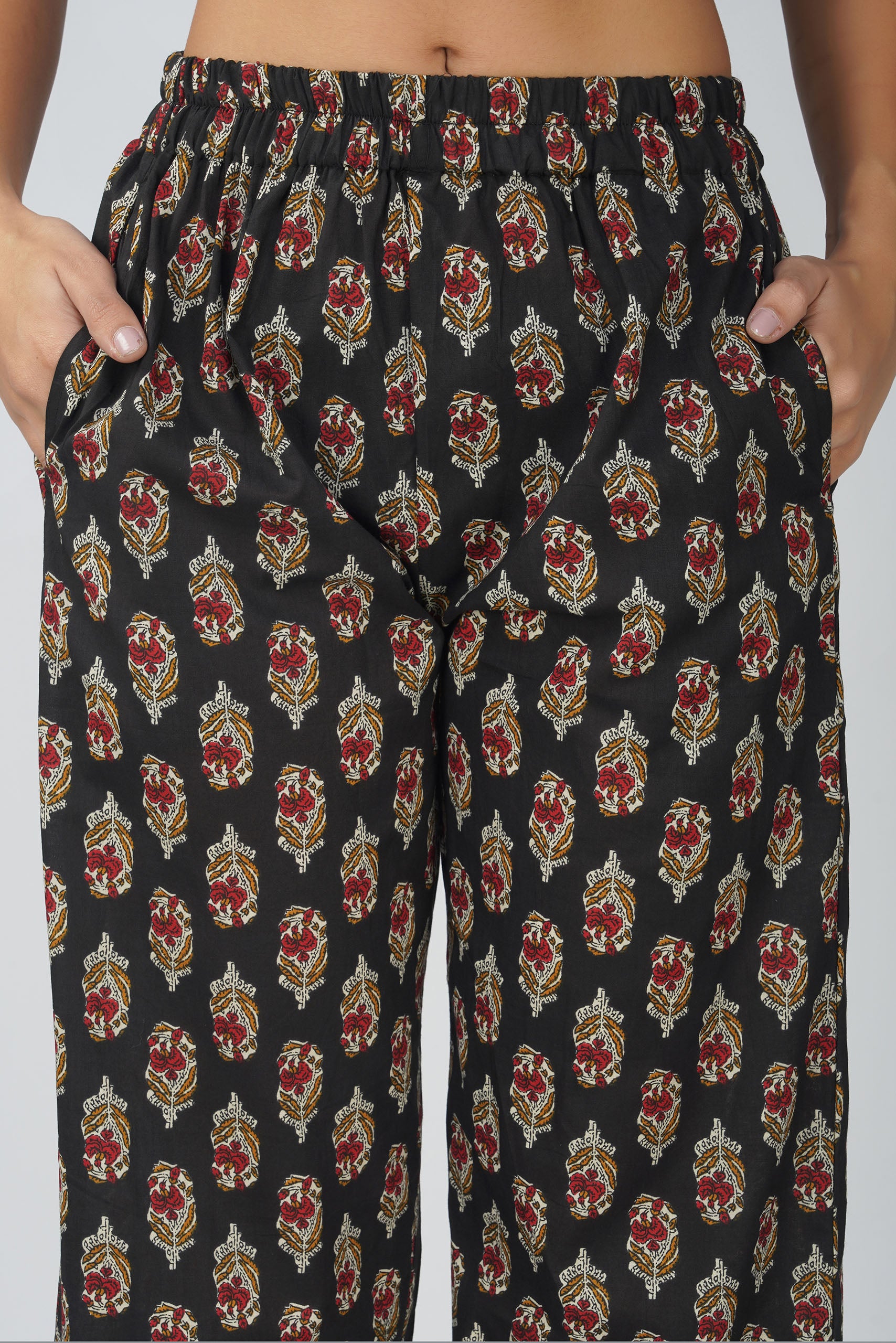 Black Printed Round V-Neck Cotton Kurta Set