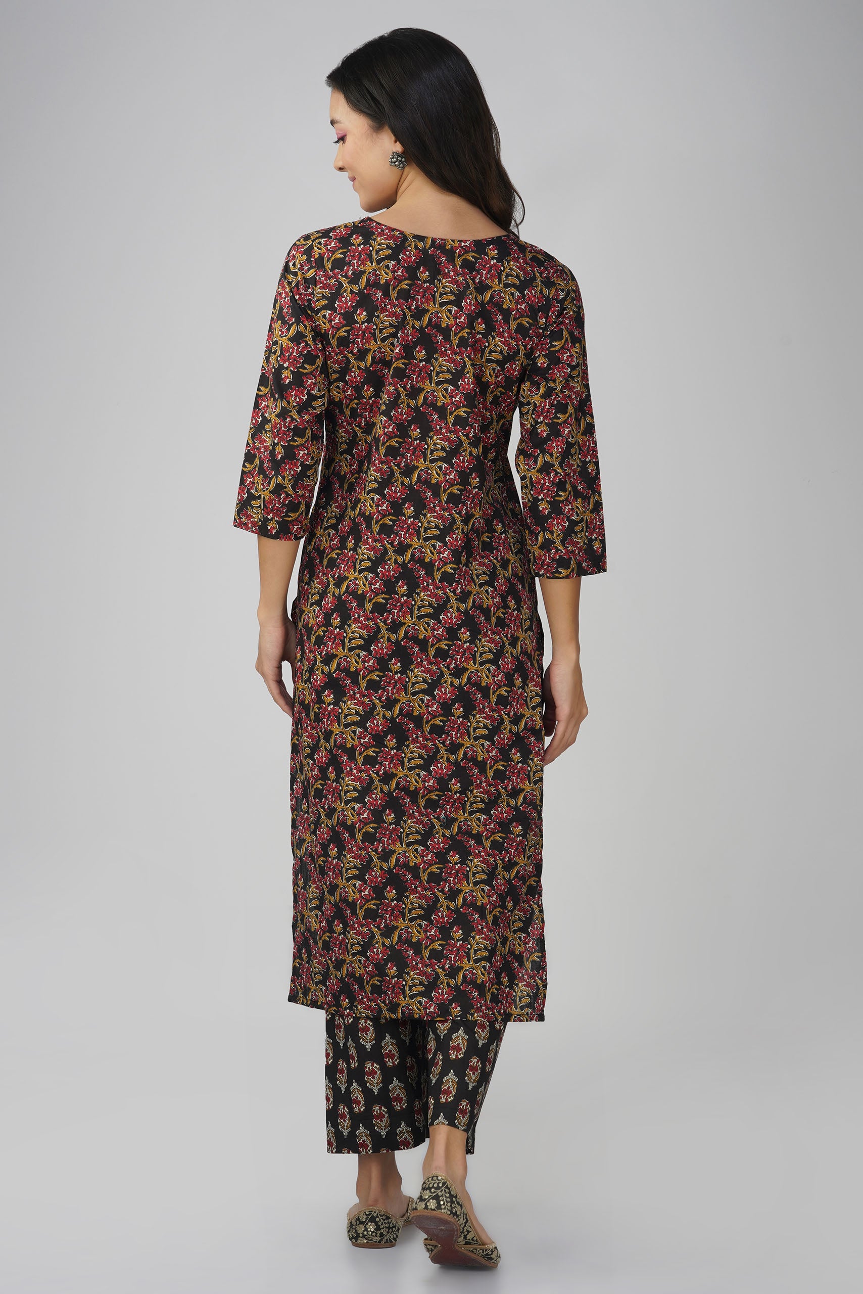 Black Printed Round V-Neck Cotton Kurta Set