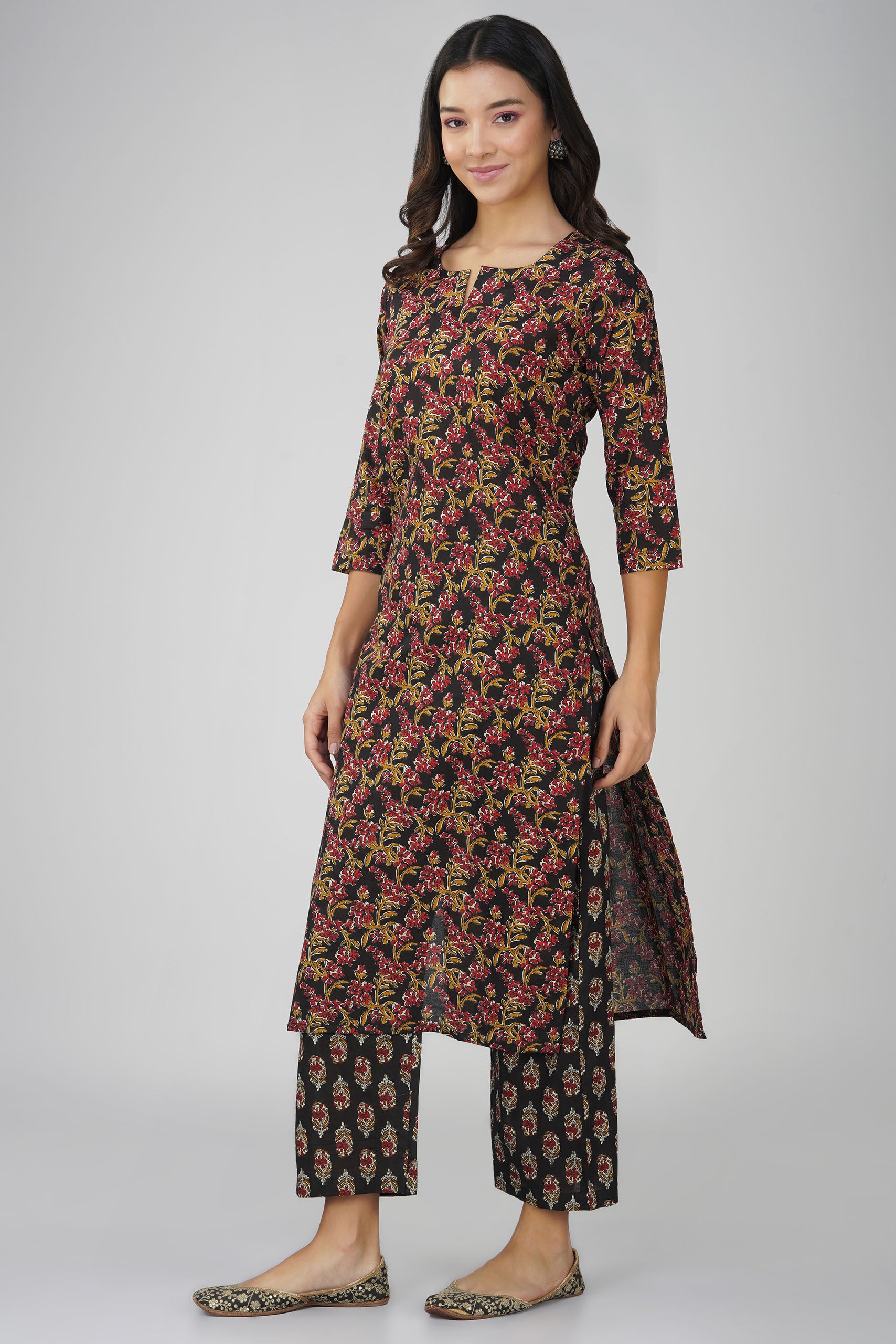 Black Printed Round V-Neck Cotton Kurta Set