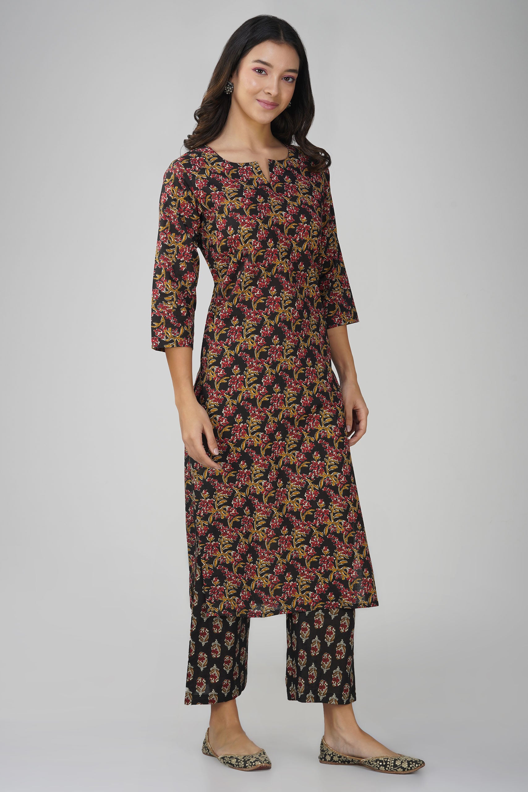 Black Printed Round V-Neck Cotton Kurta Set
