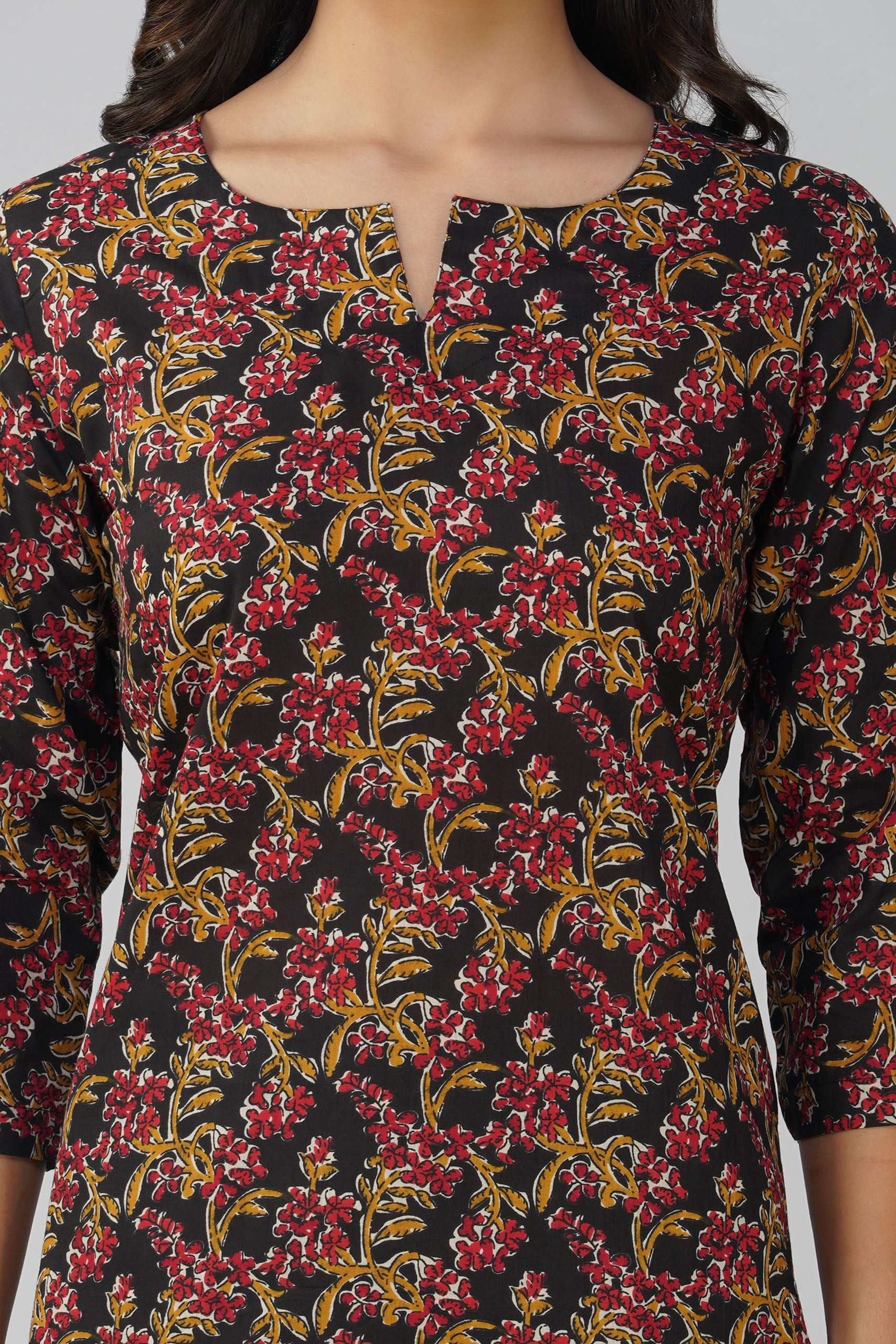 Black Printed Round V-Neck Cotton Kurta Set