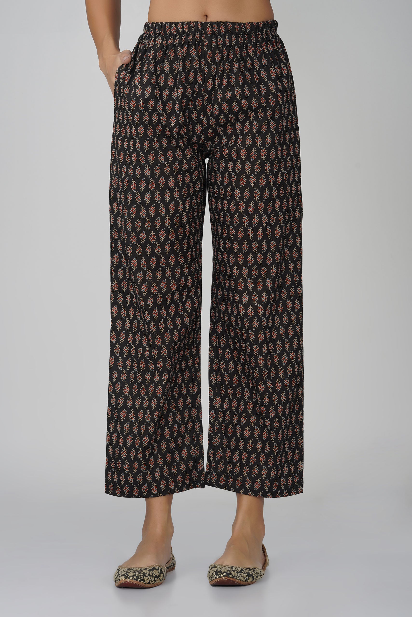 Black Printed V-Neck Cotton Kurta Set