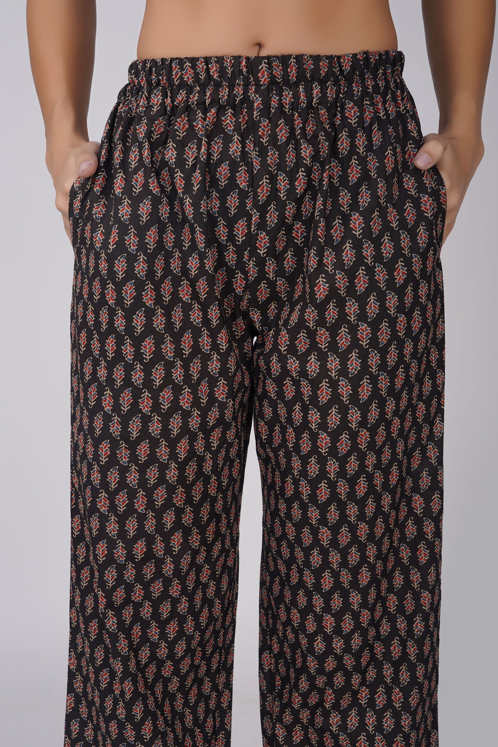 Black Printed V-Neck Cotton Kurta Set