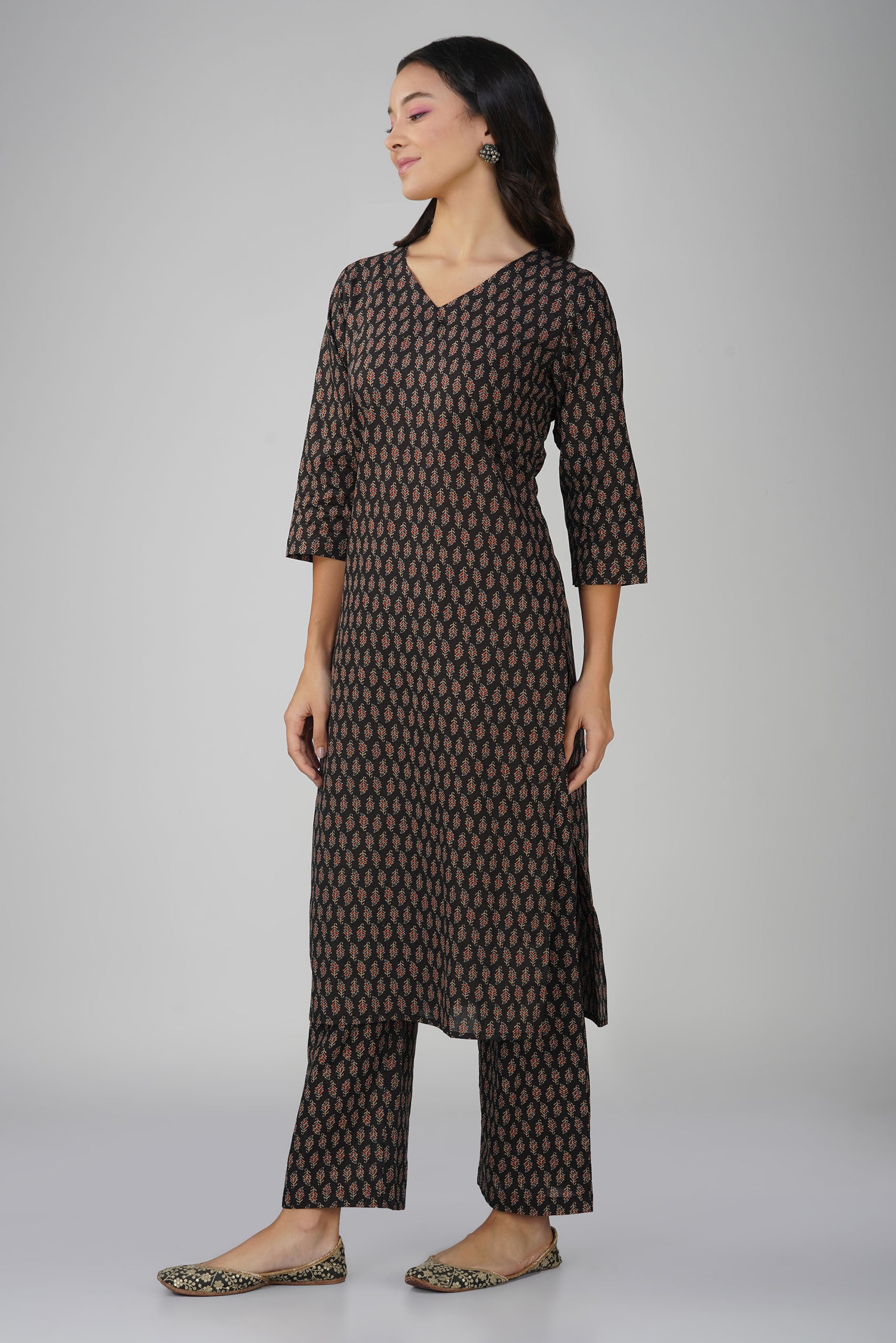 Black Printed V-Neck Cotton Kurta Set