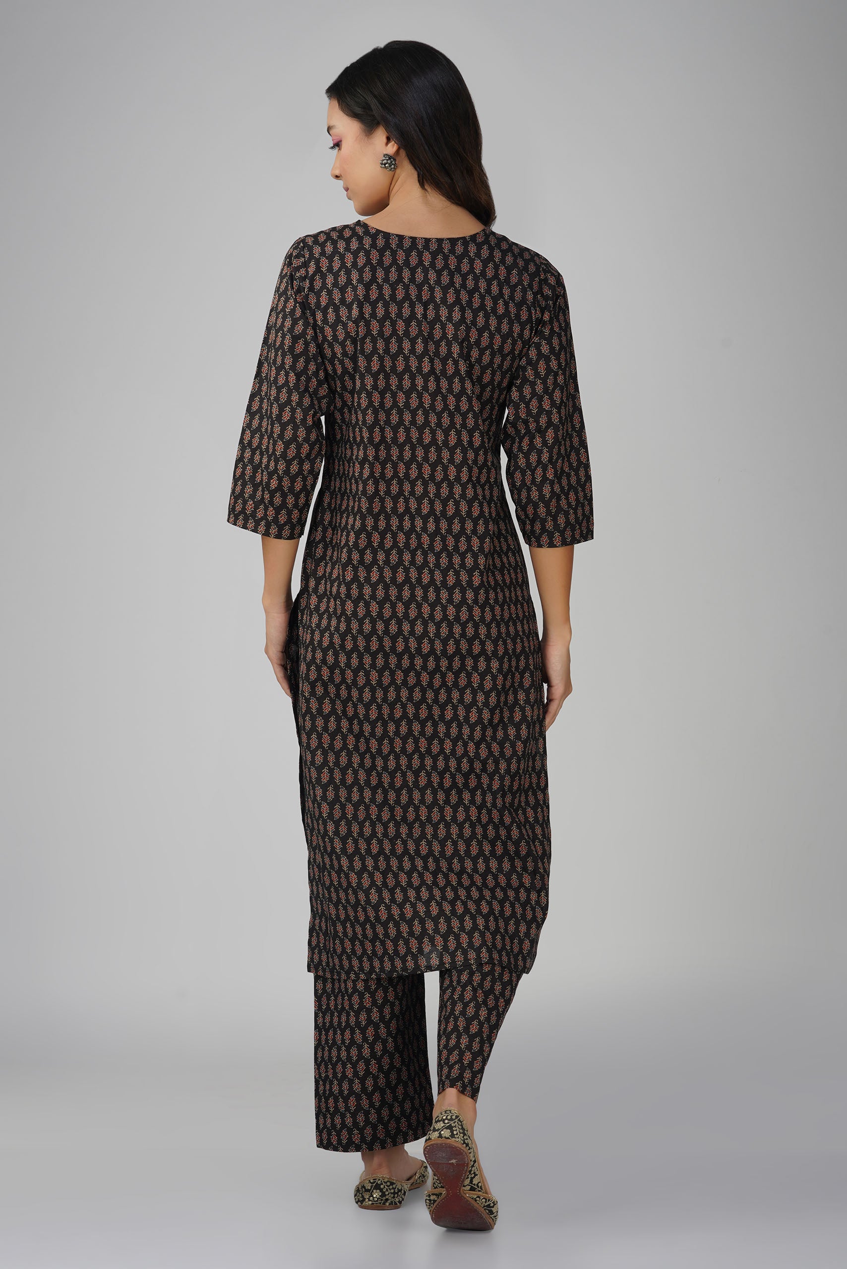 Black Printed V-Neck Cotton Kurta Set