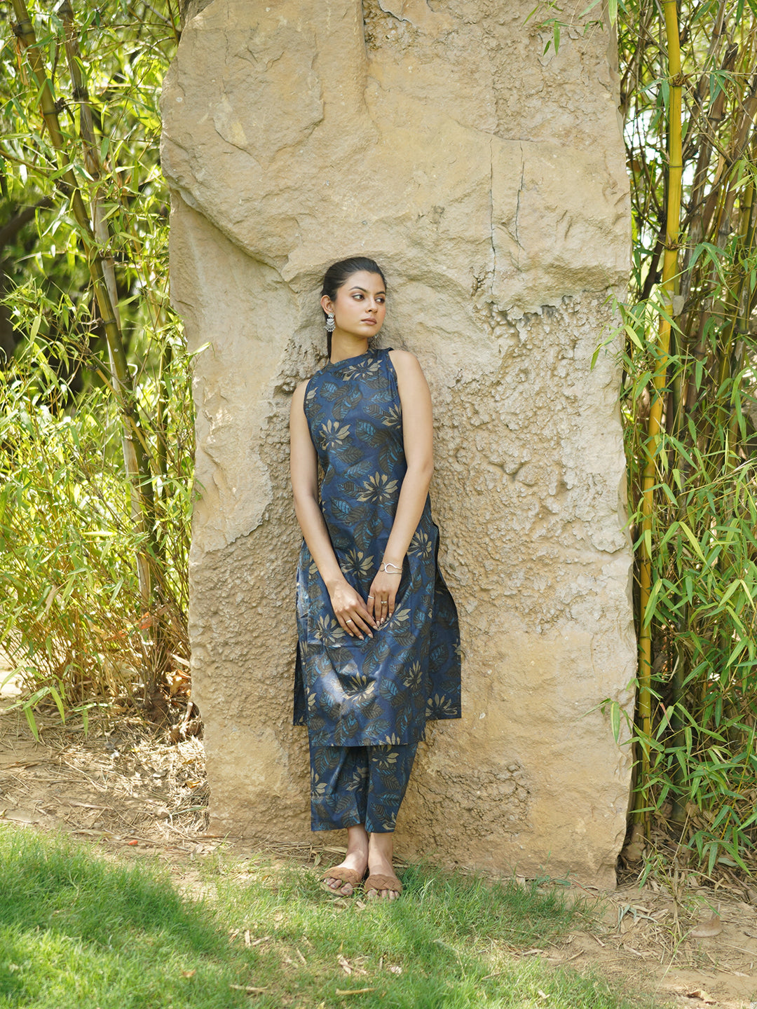 Blue Printed Sleeveless Cotton Kurta Set