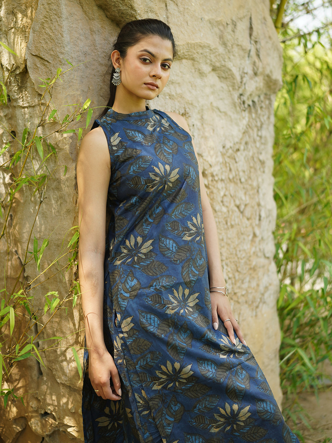 Blue Printed Sleeveless Cotton Kurta Set