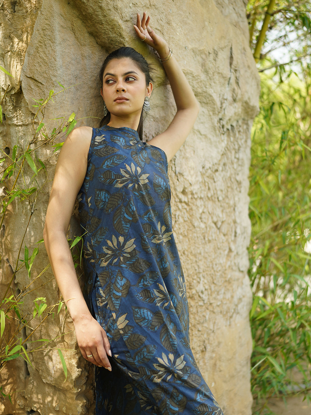Blue Printed Sleeveless Cotton Kurta Set