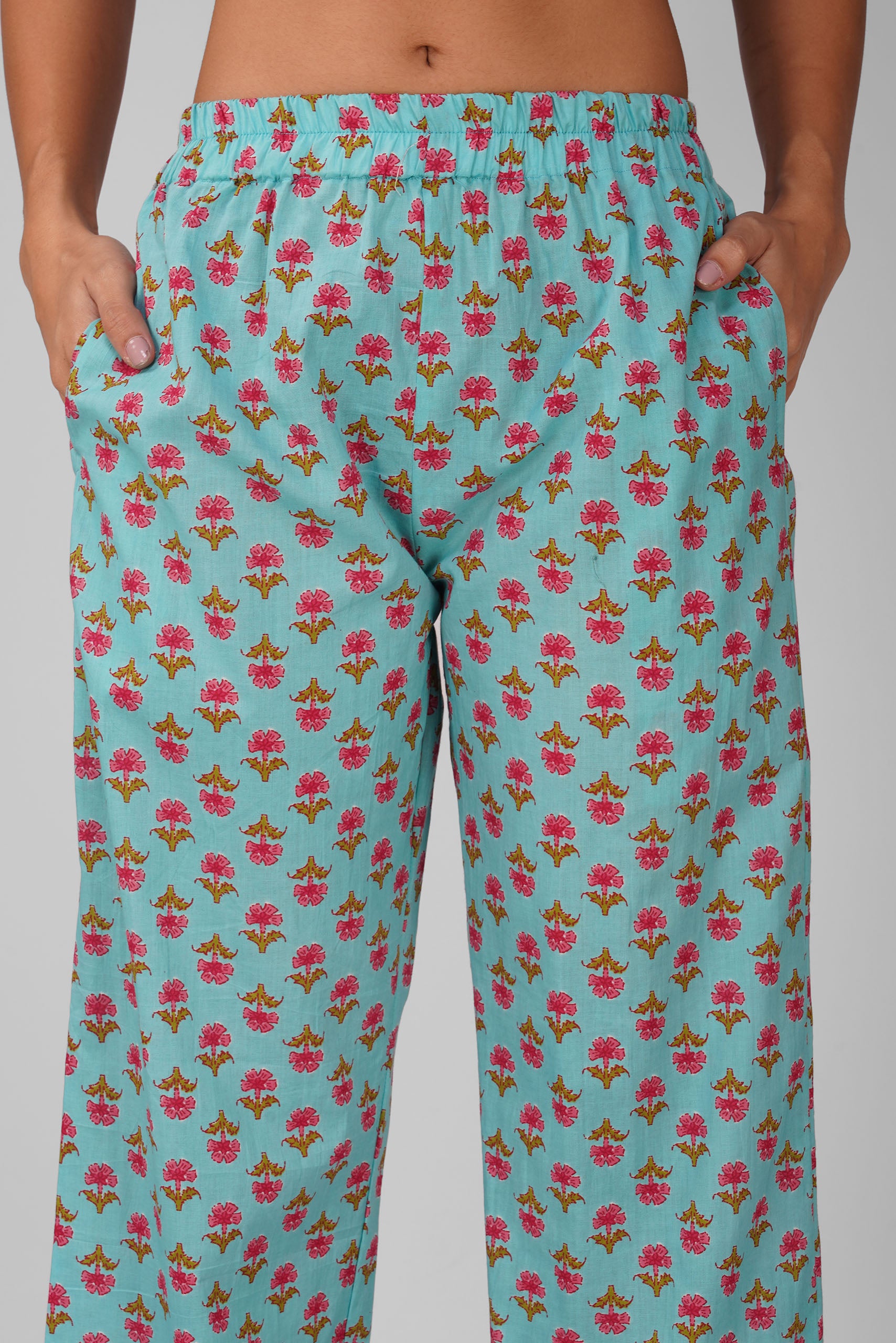Blue Printed Round Neck Cotton Kurta Set