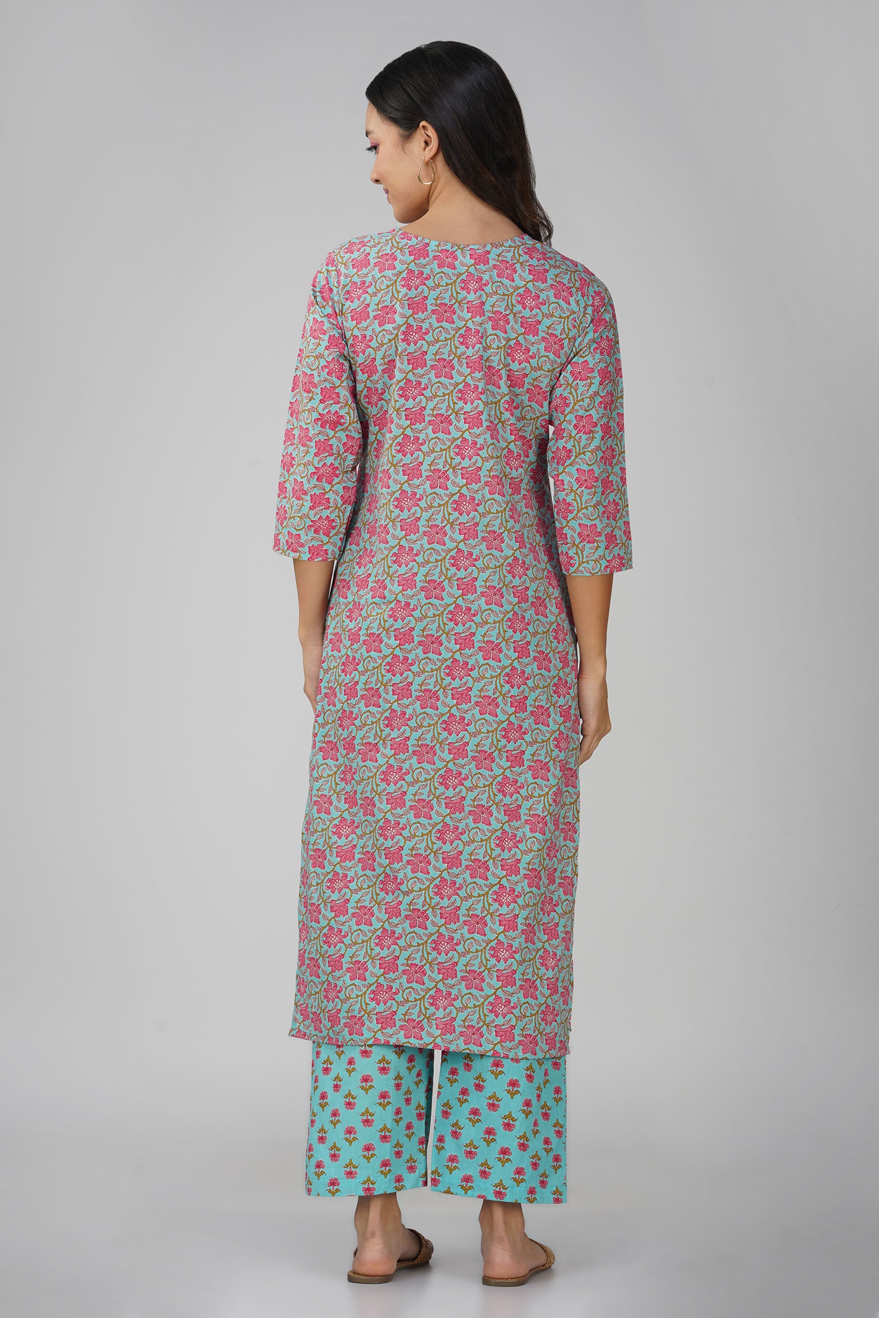 Blue Printed Round Neck Cotton Kurta Set