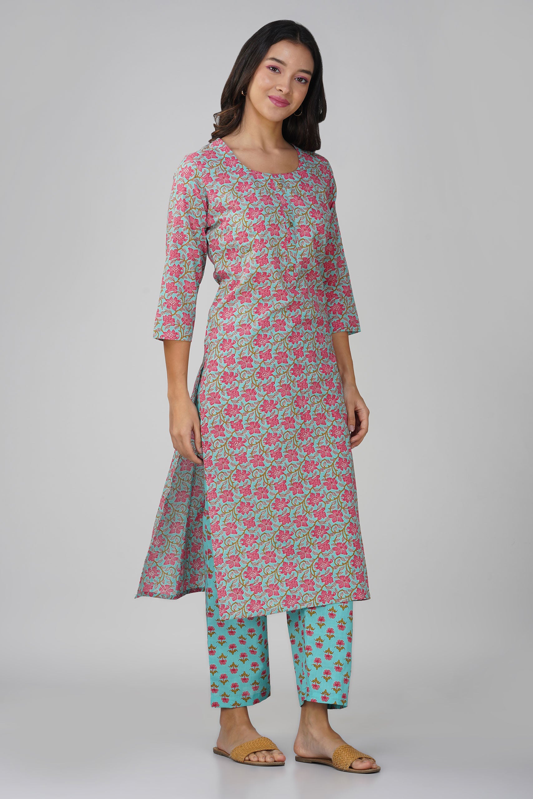 Blue Printed Round Neck Cotton Kurta Set