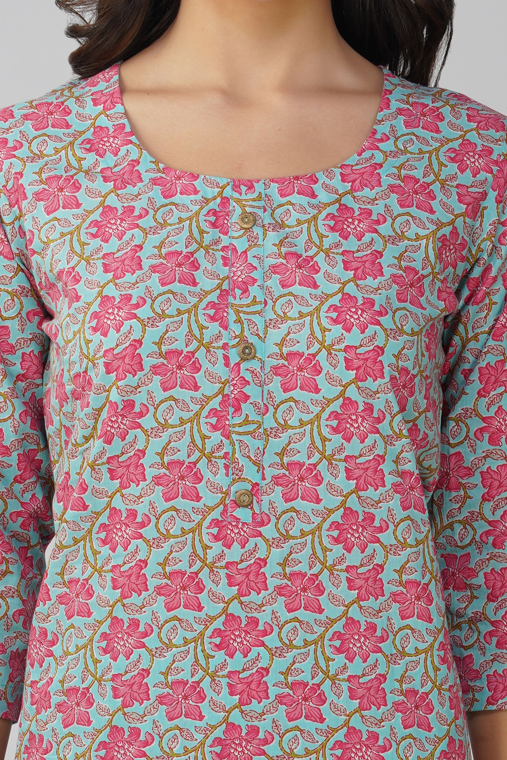Blue Printed Round Neck Cotton Kurta Set