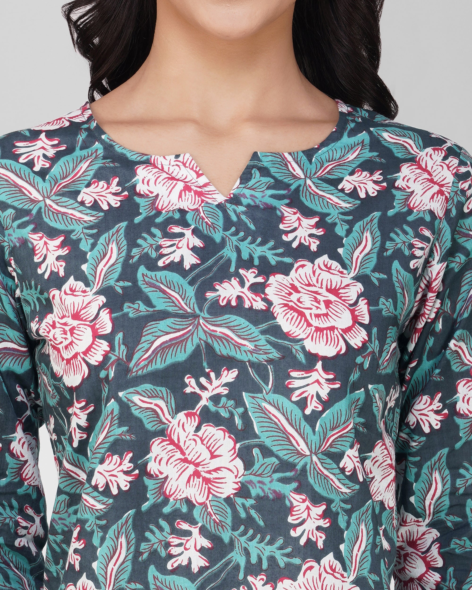 Blue Printed Round V-Neck Cotton Co-ord Set