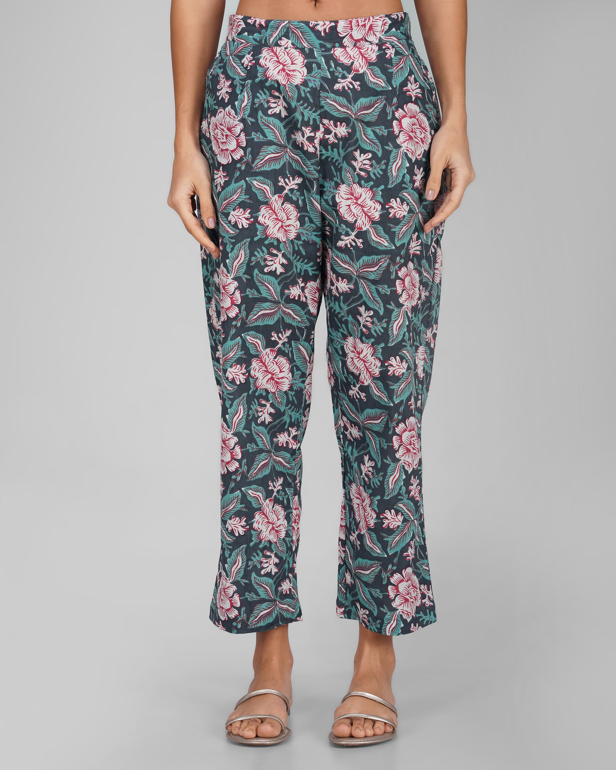 Blue Printed Round V-Neck Cotton Co-ord Set