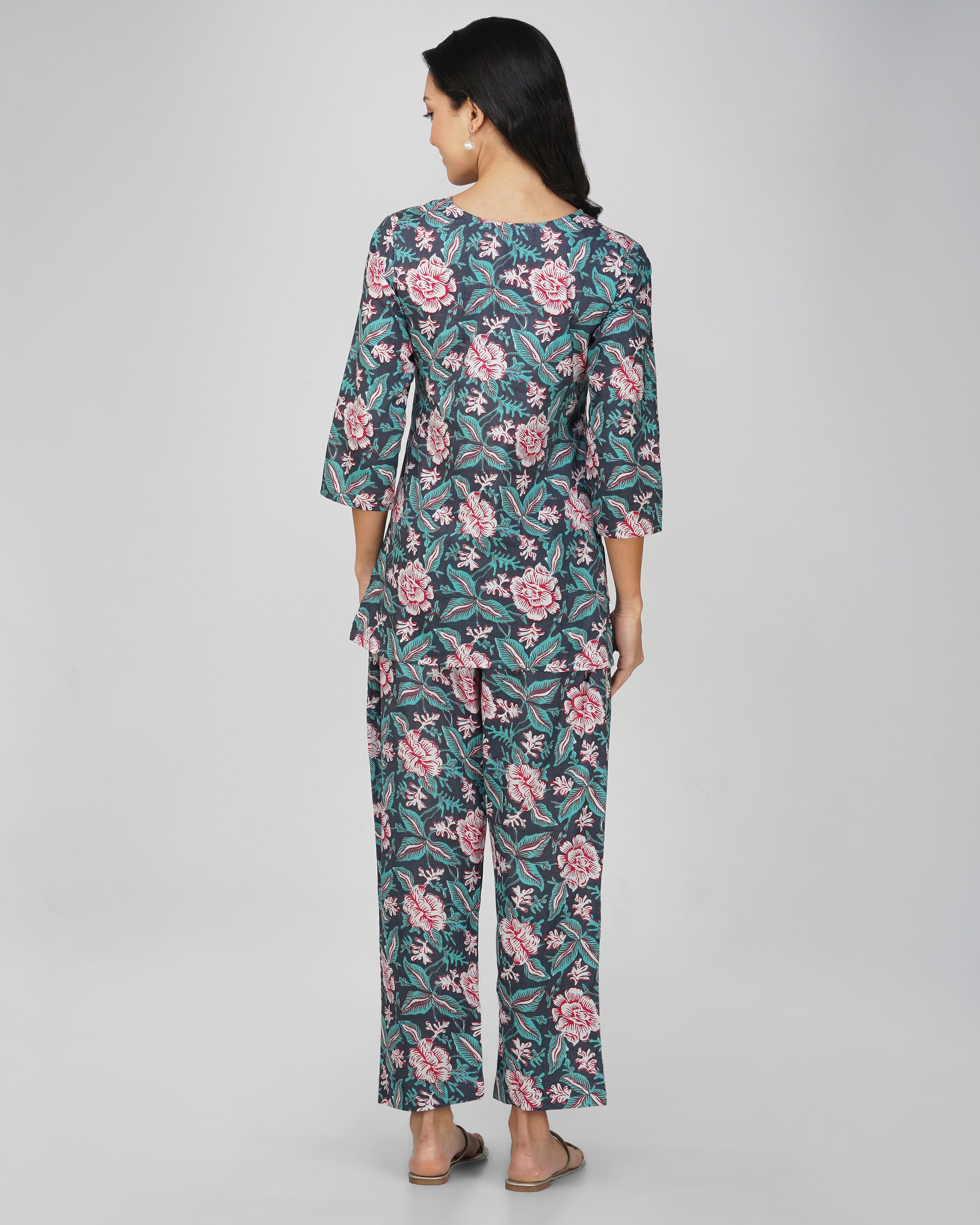 Blue Printed Round V-Neck Cotton Co-ord Set