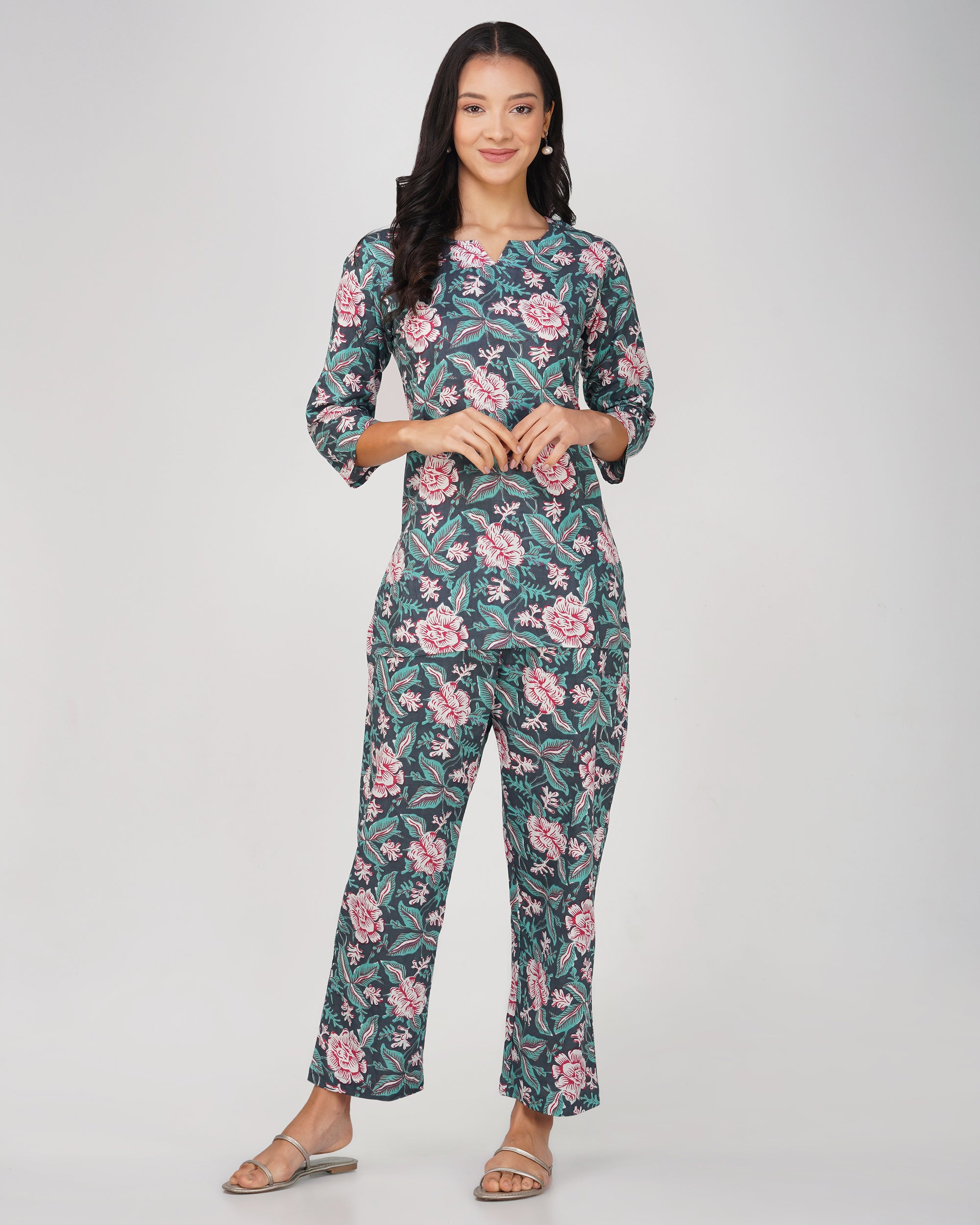 Blue Printed Round V-Neck Cotton Co-ord Set
