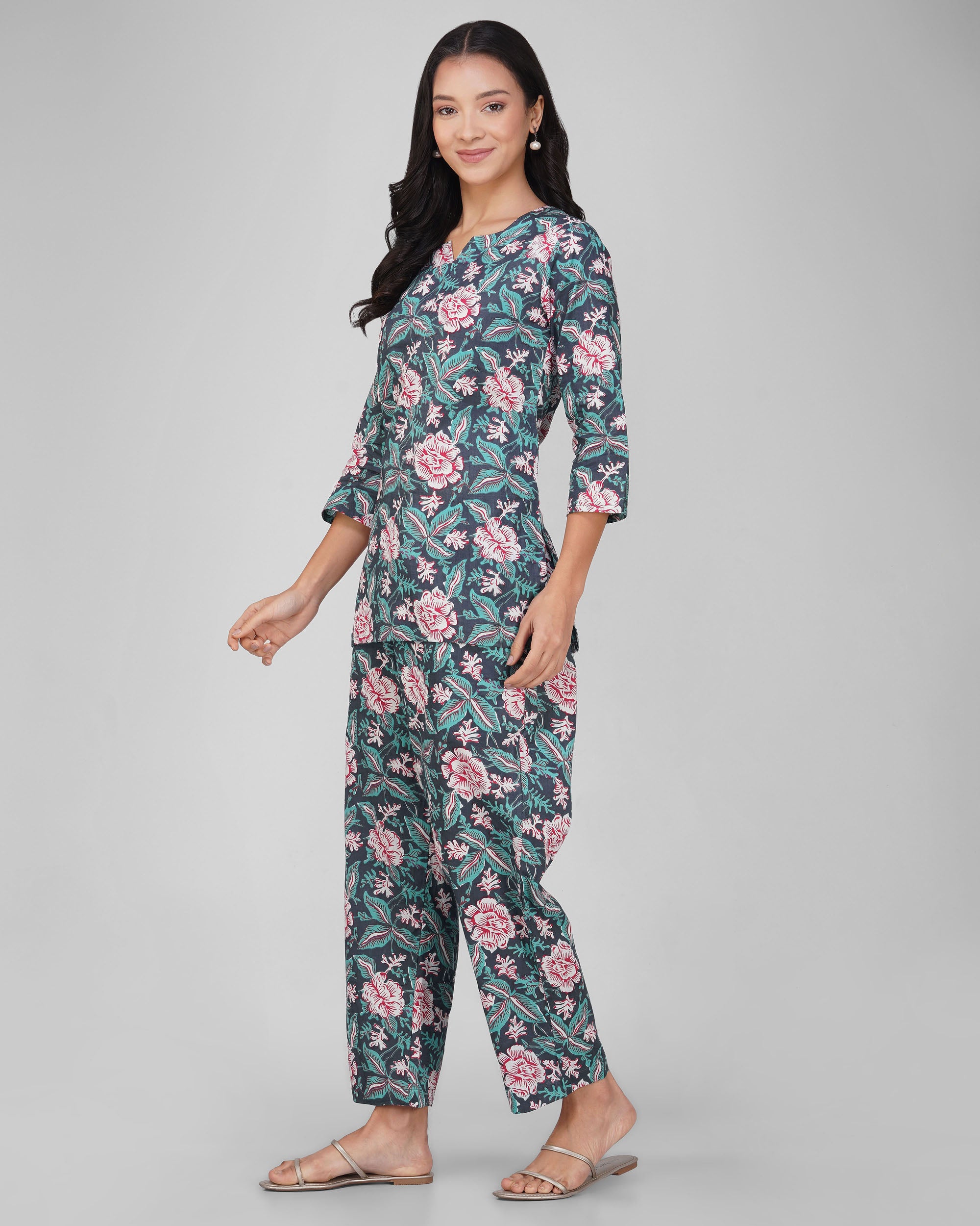 Blue Printed Round V-Neck Cotton Co-ord Set