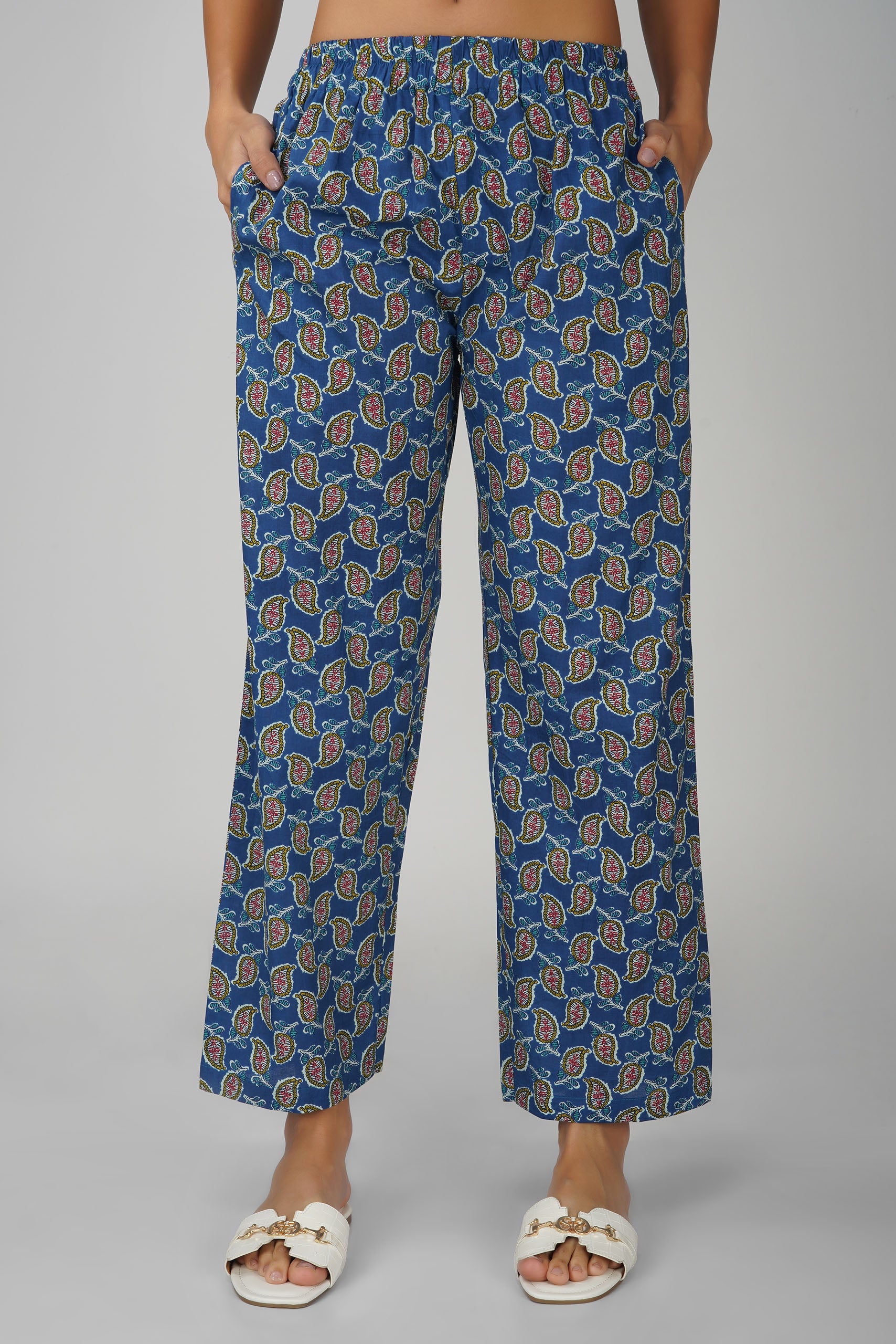 Blue Printed Round V-Neck Cotton Kurta Set