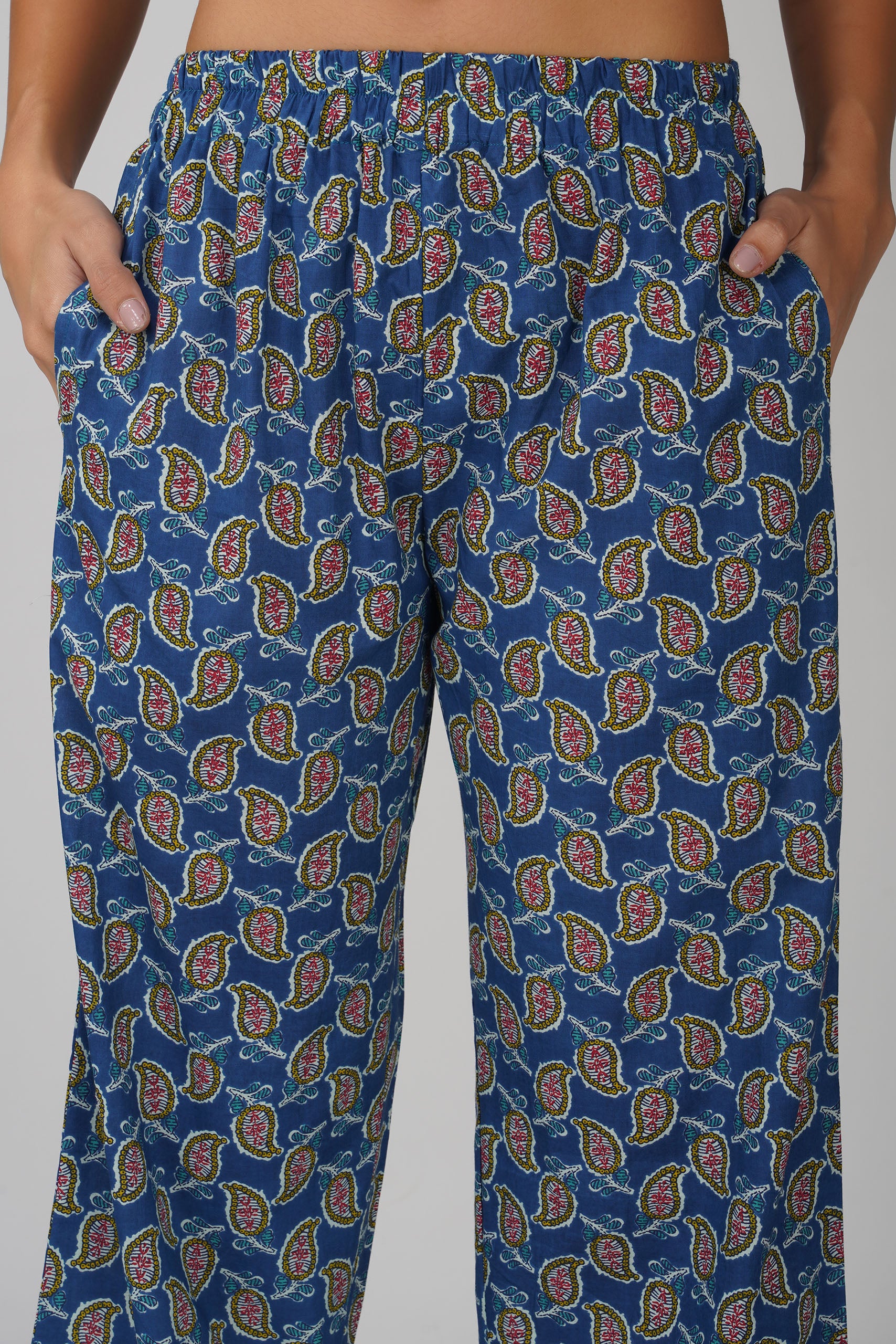 Blue Printed Round V-Neck Cotton Kurta Set
