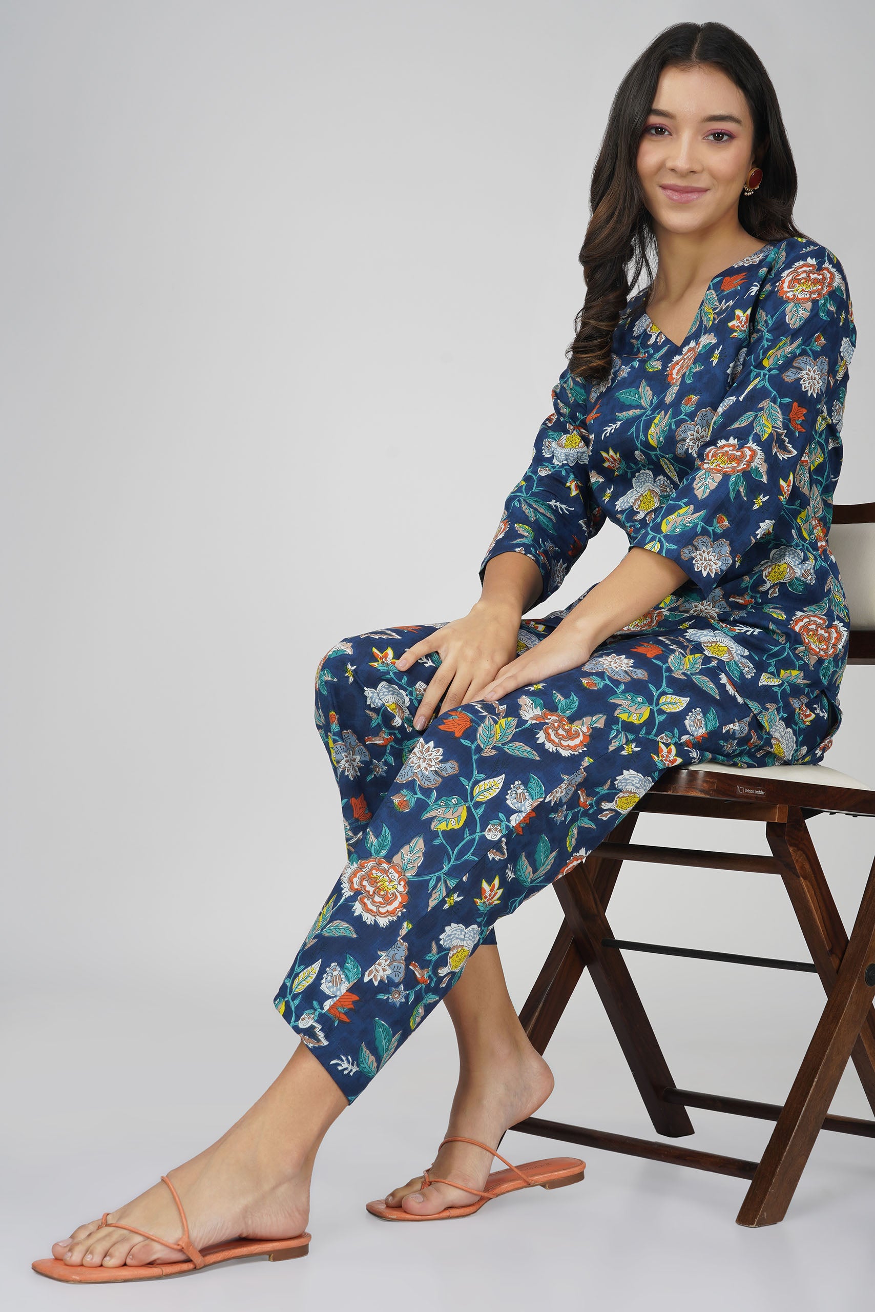 Blue Printed V-Neck Cotton Co-ord Set