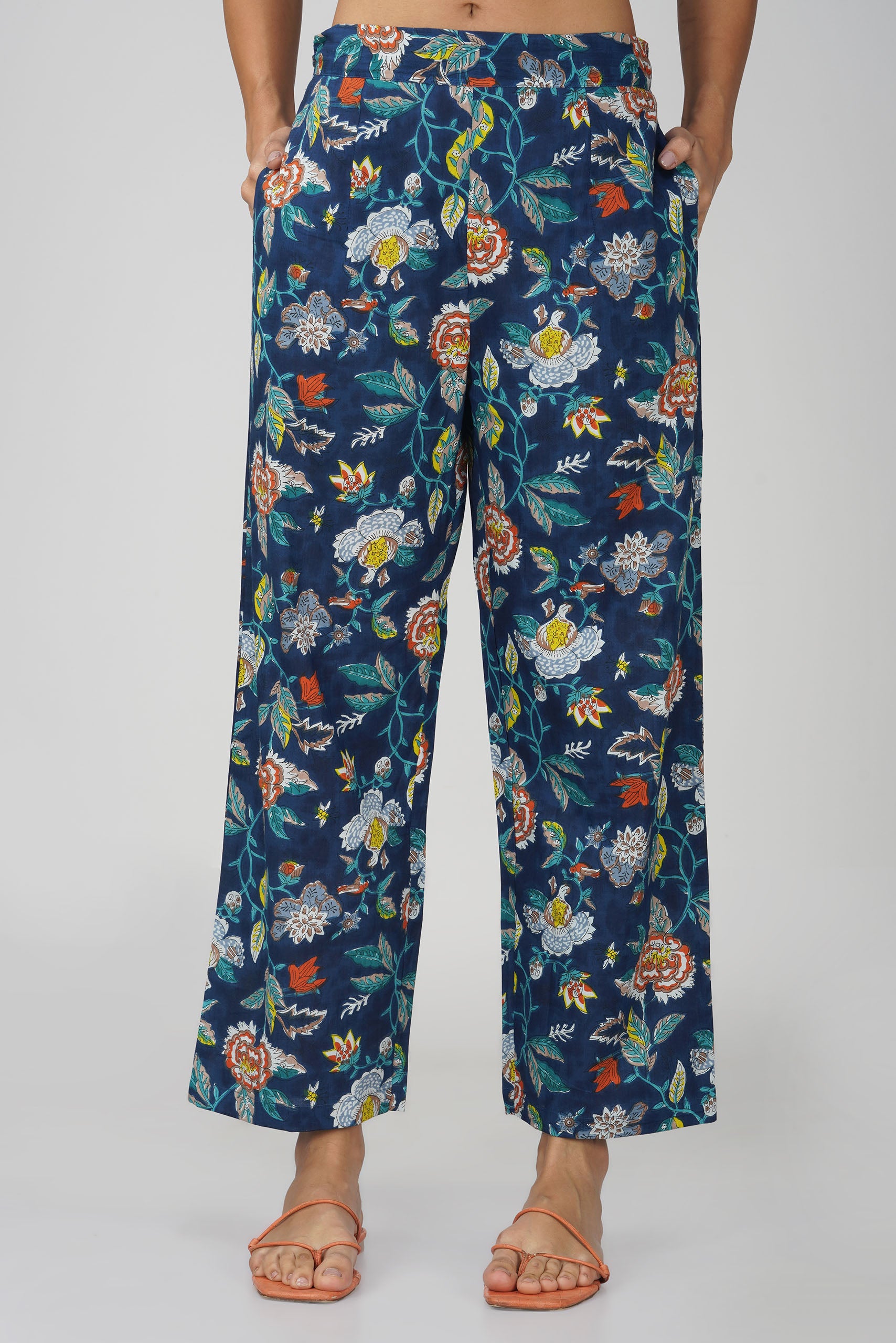 Blue Printed V-Neck Cotton Co-ord Set