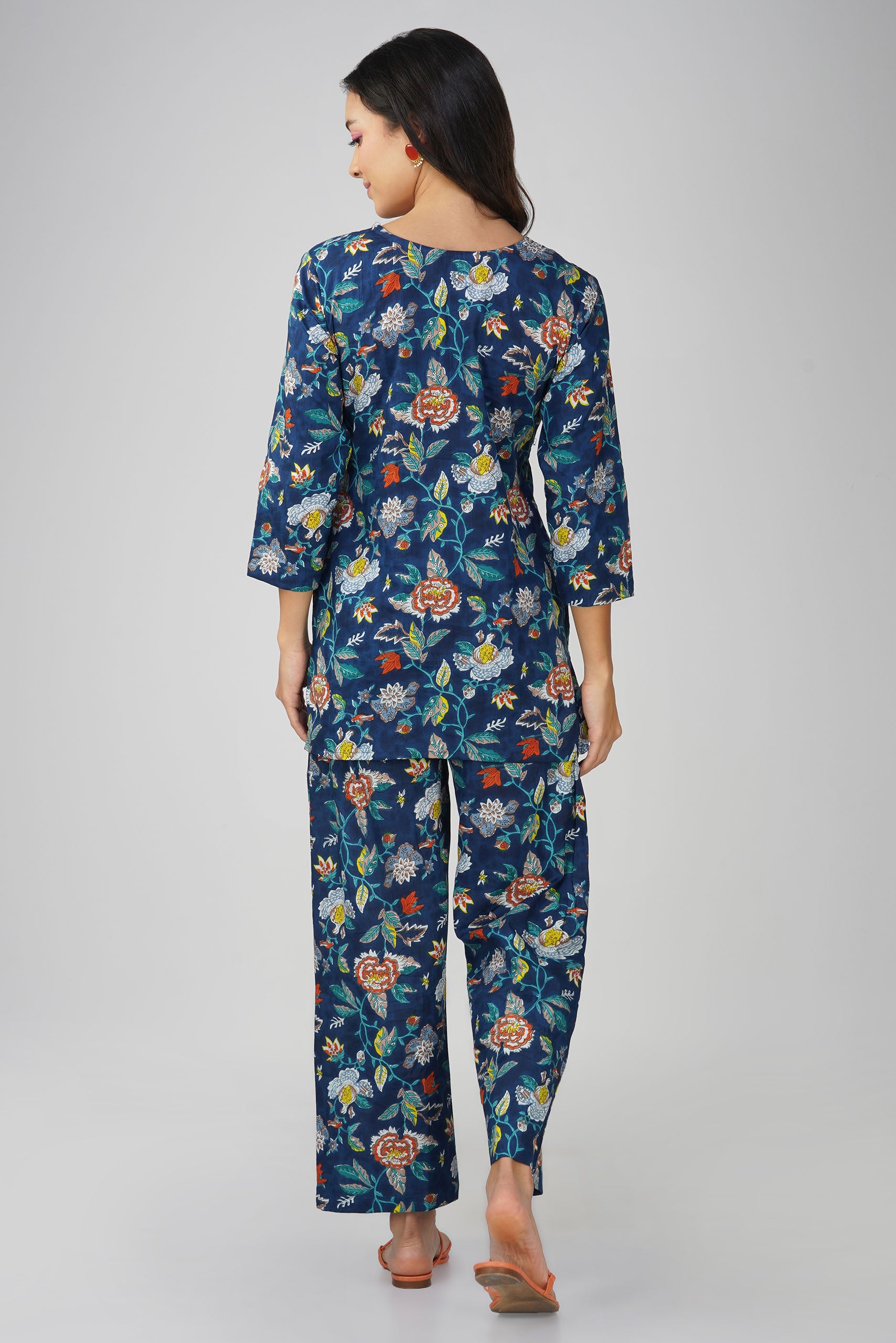 Blue Printed V-Neck Cotton Co-ord Set