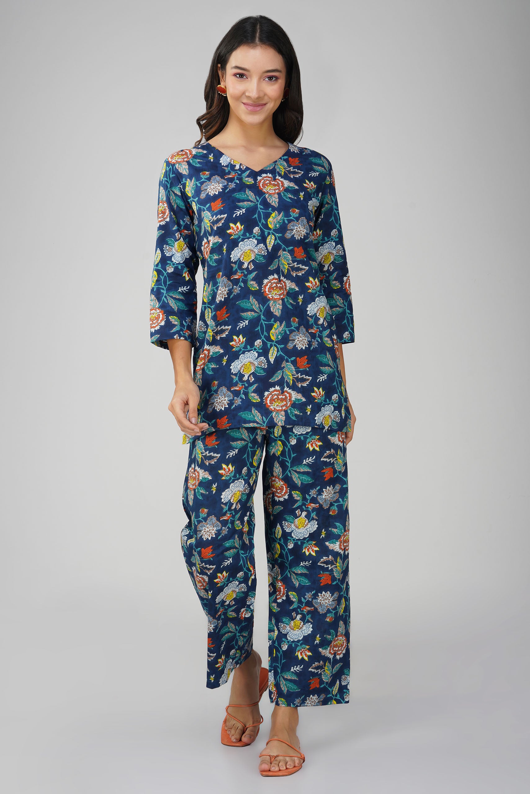 Blue Printed V-Neck Cotton Co-ord Set