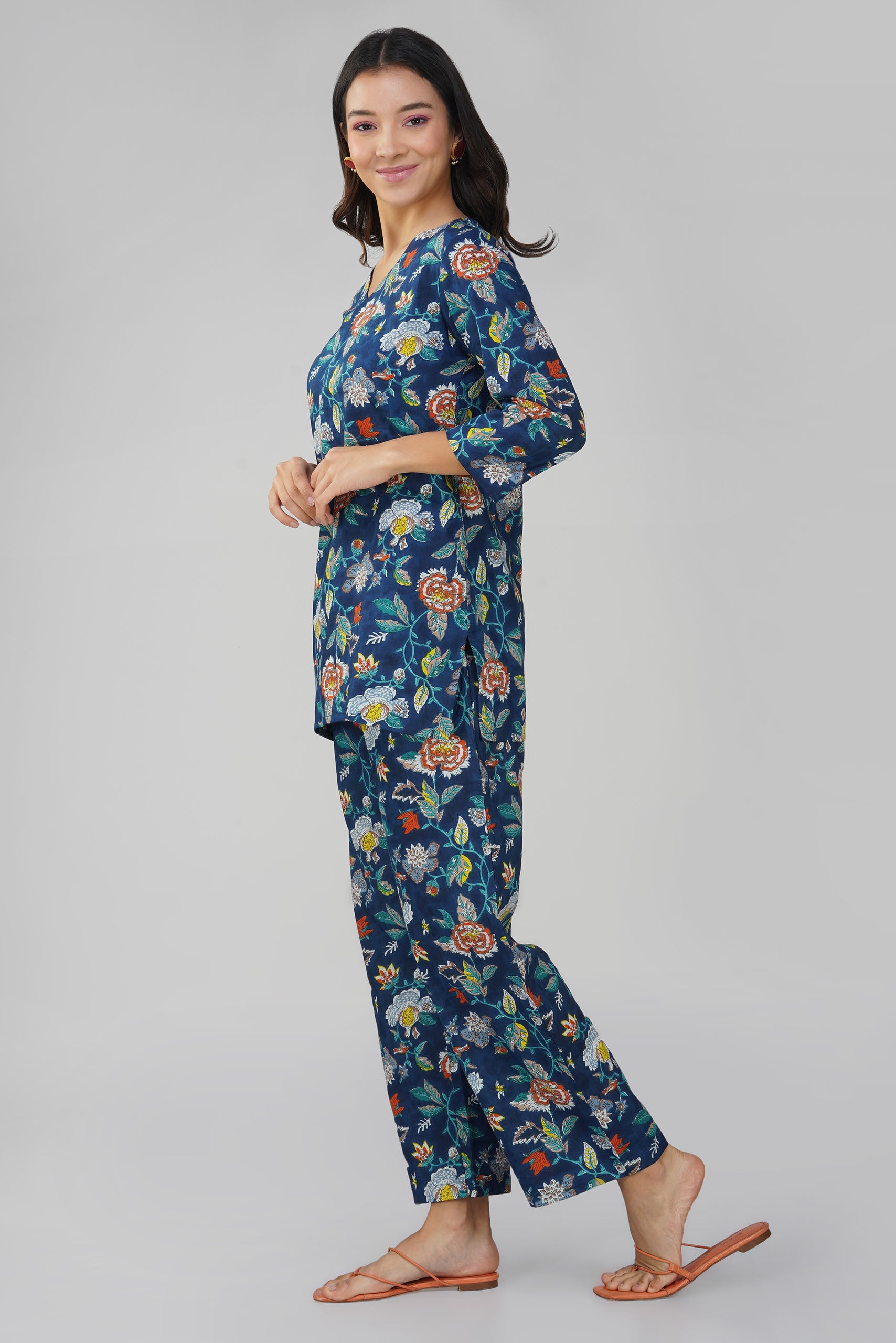Blue Printed V-Neck Cotton Co-ord Set