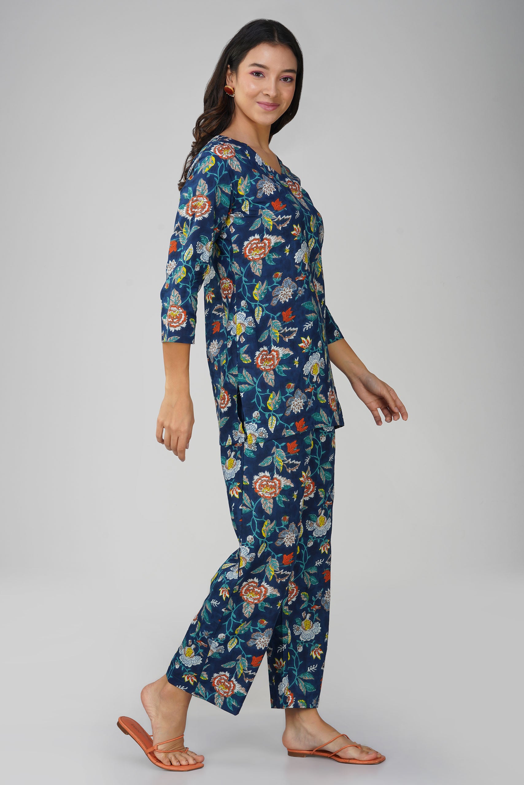 Blue Printed V-Neck Cotton Co-ord Set