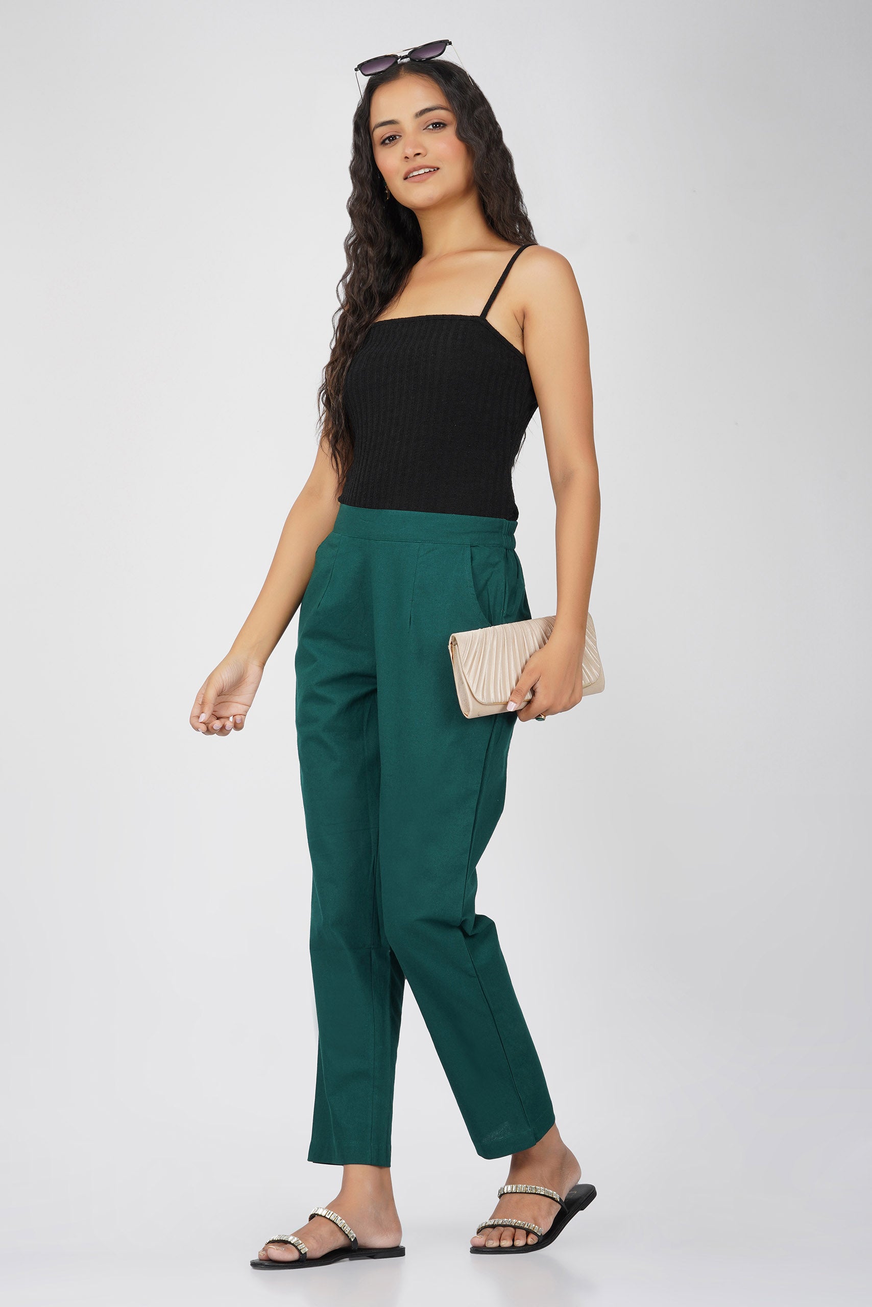 Bottle Green Cotton Trouser for Women