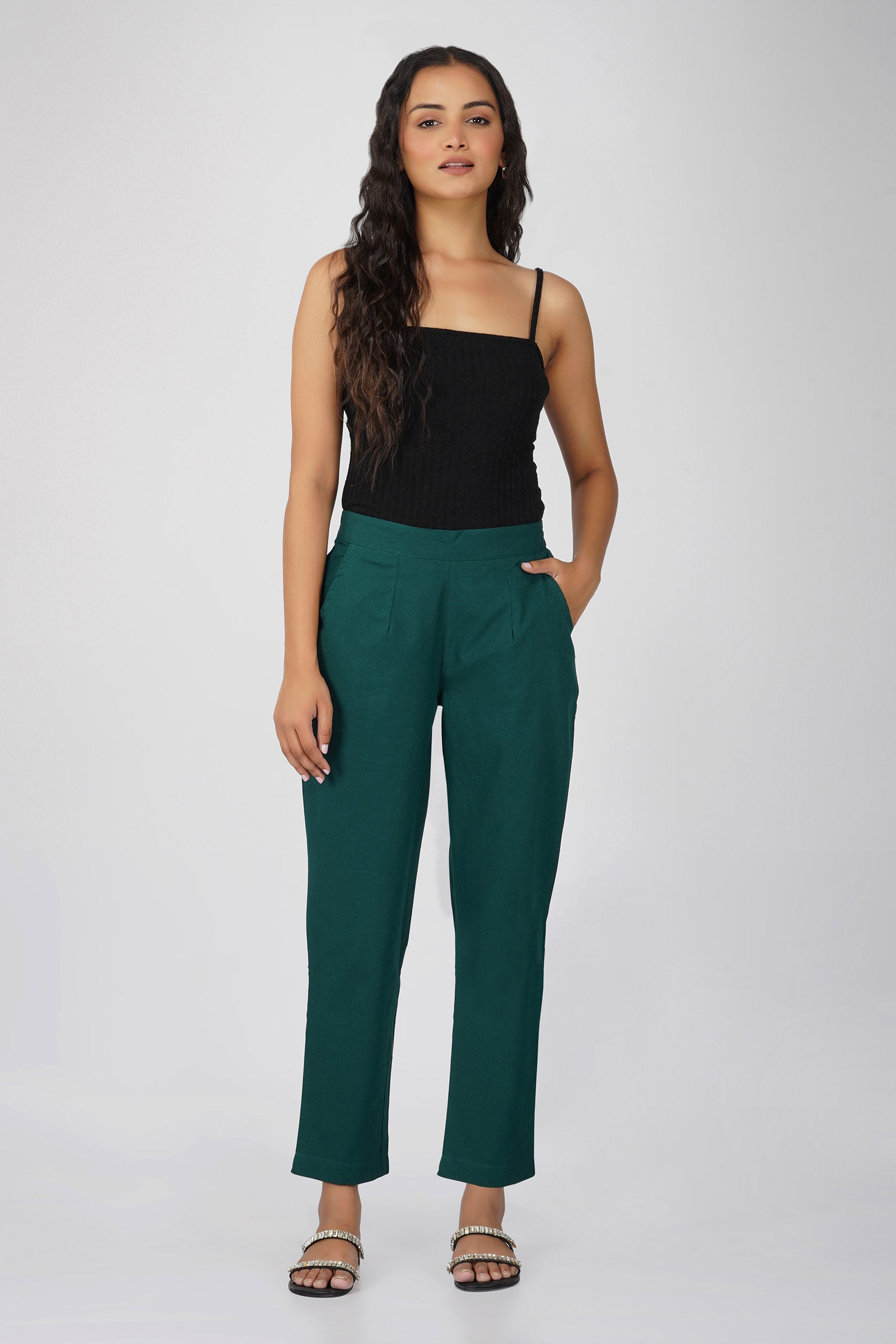 Bottle Green Cotton Trouser for Women