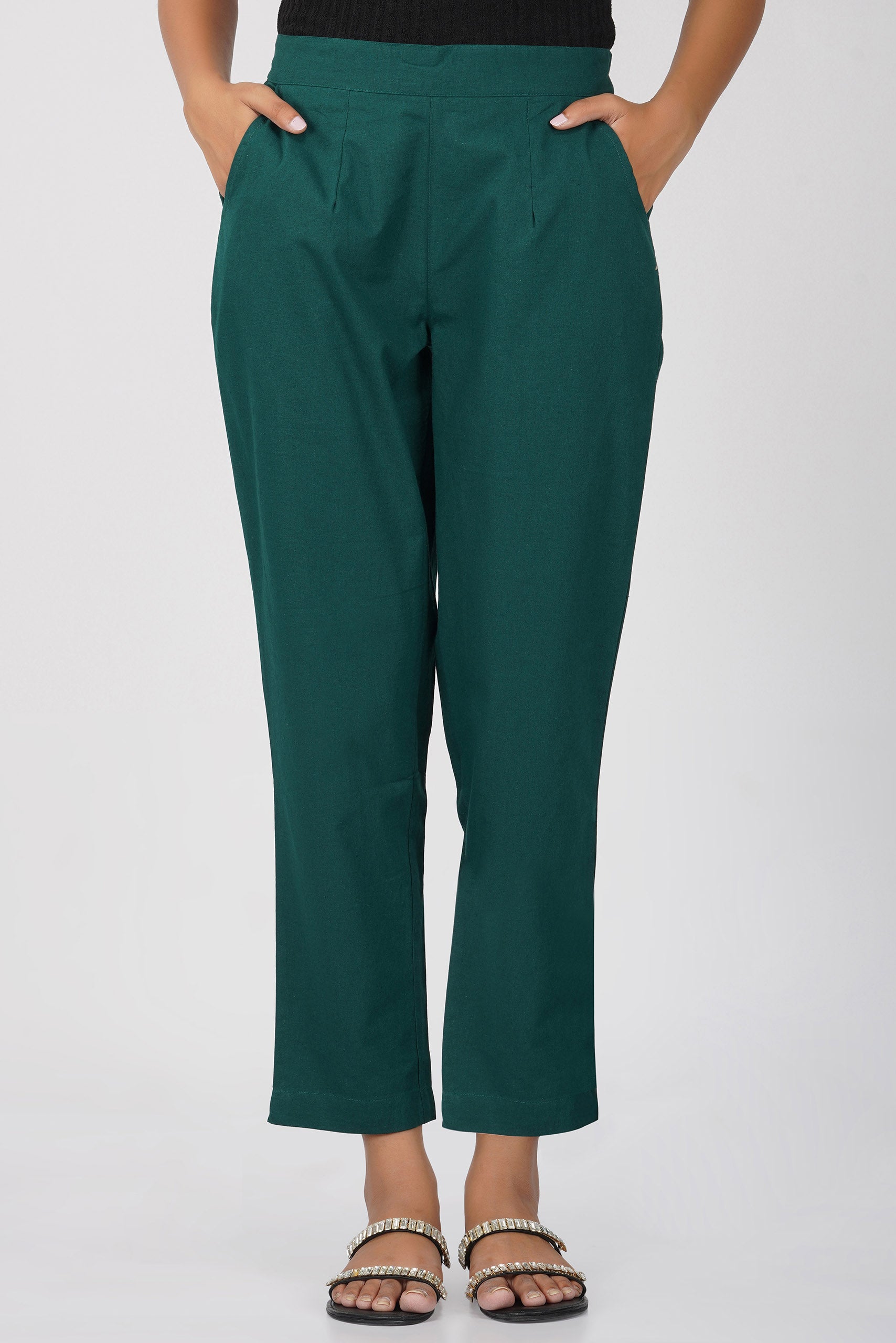 Bottle Green Cotton Trouser for Women