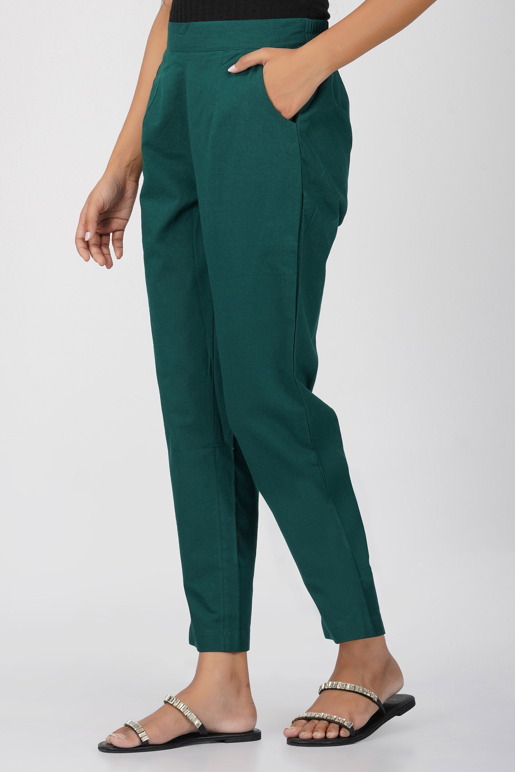 Bottle Green Cotton Trouser for Women