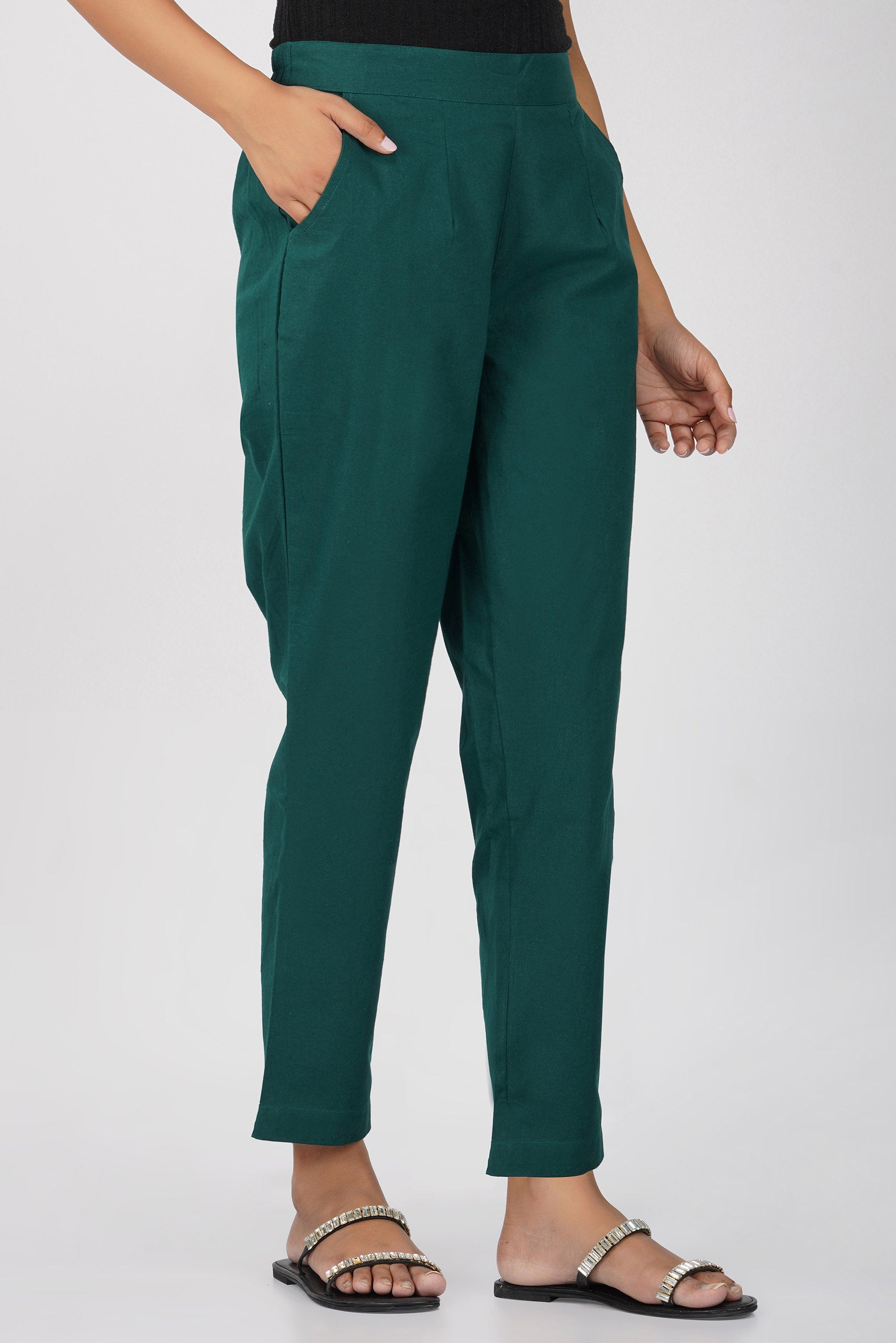 Bottle Green Cotton Trouser for Women