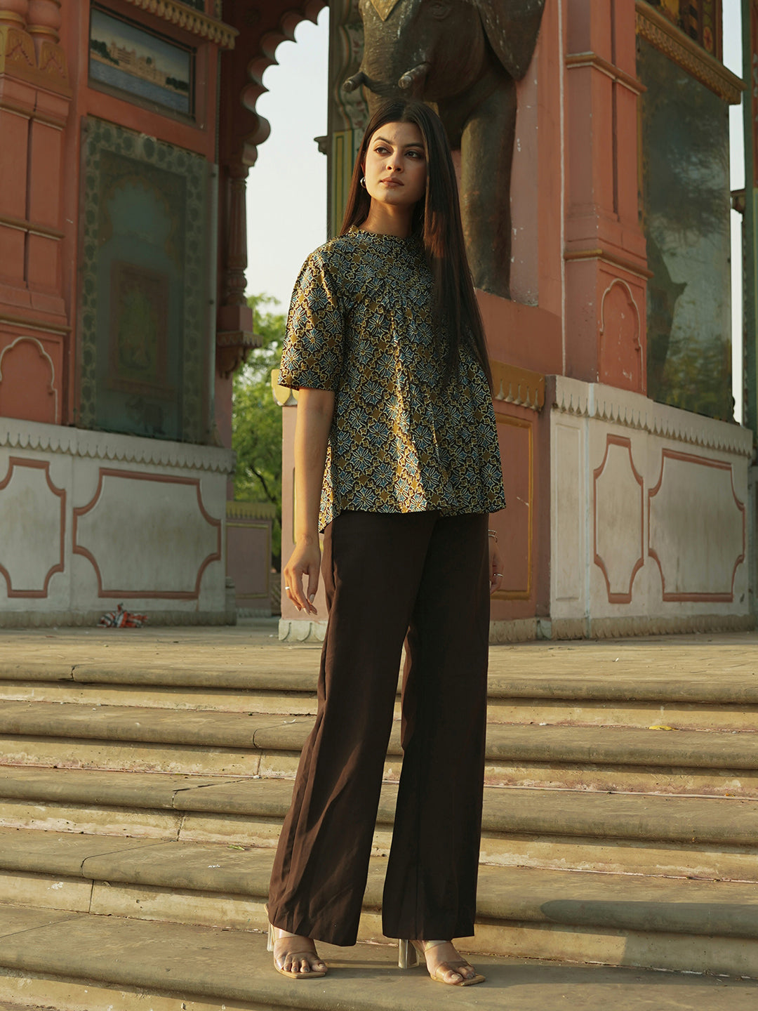 Brown Printed Flared Cotton Top