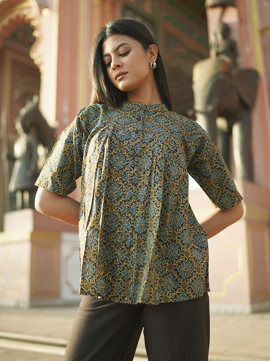 Brown Printed Flared Cotton Top