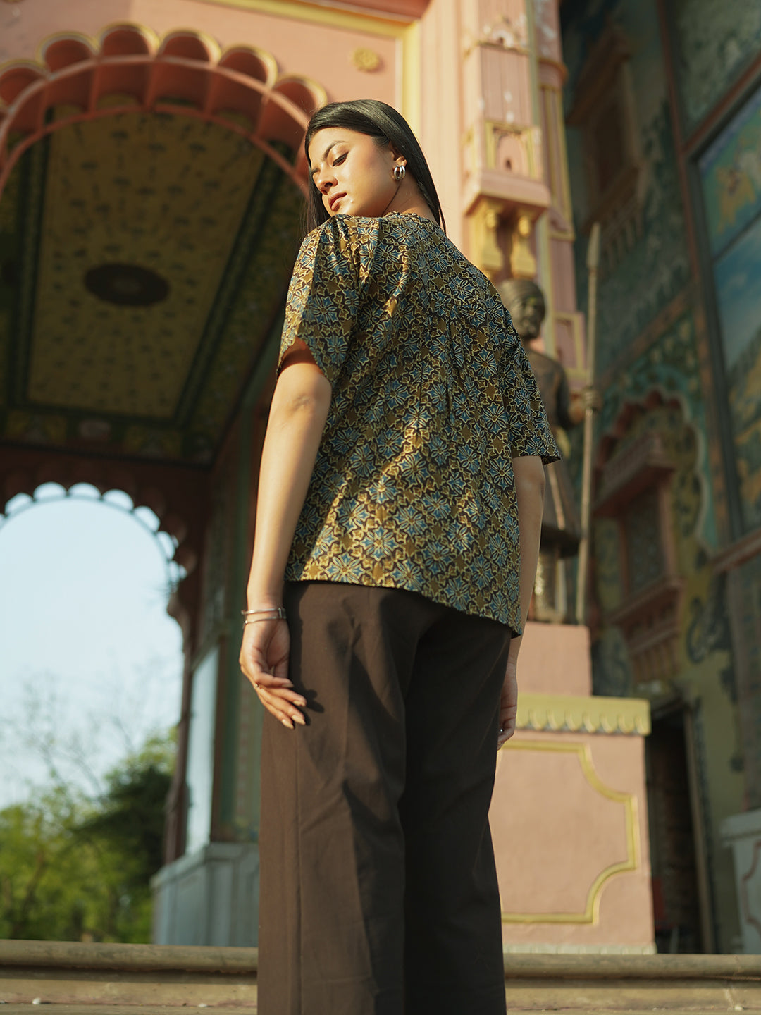 Brown Printed Flared Cotton Top