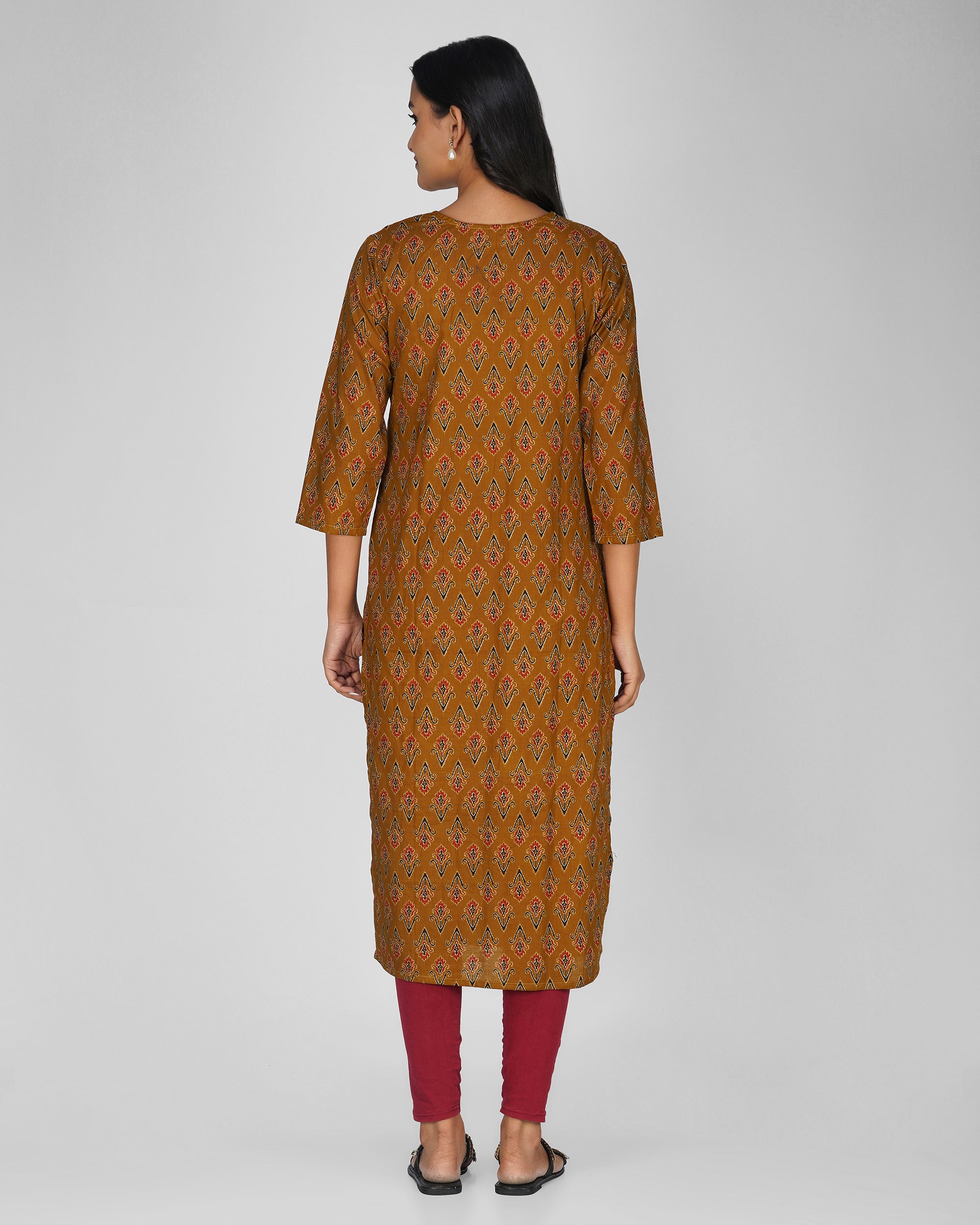 Mustard Printed Round-V Neck Cotton Kurti