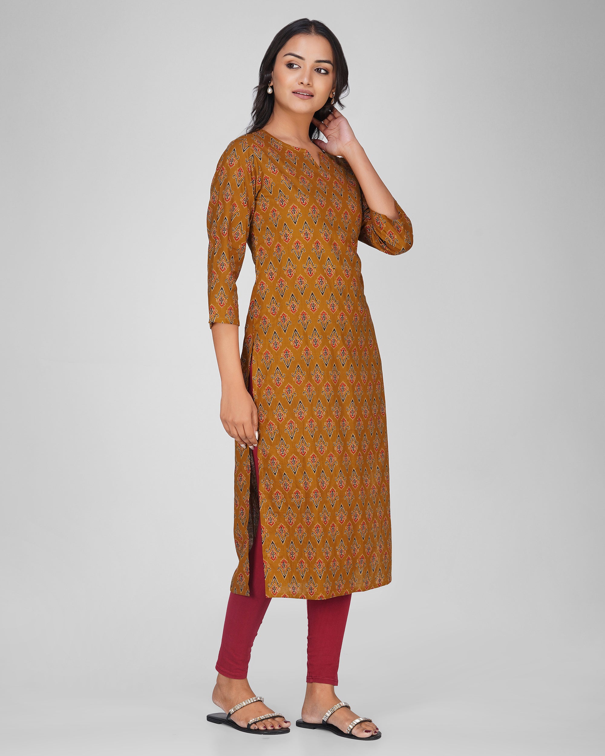 Mustard Printed Round-V Neck Cotton Kurti