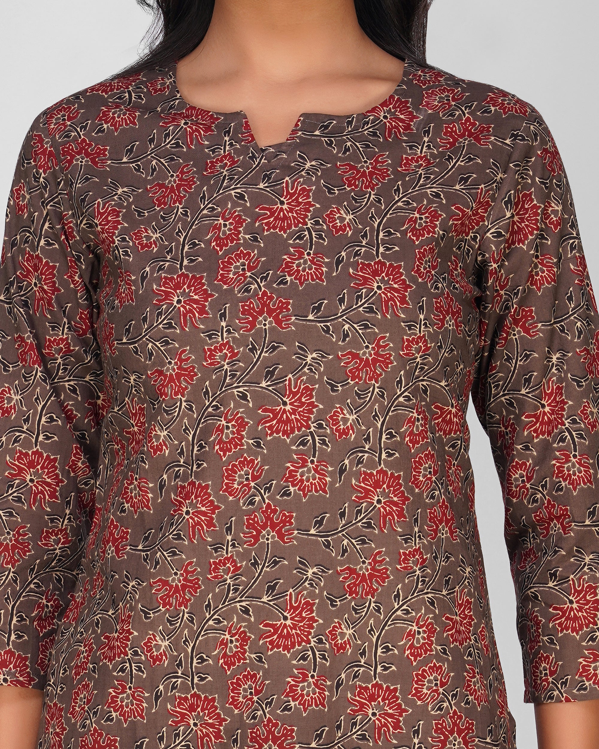 Grey Printed Round-V Neck Cotton Kurti