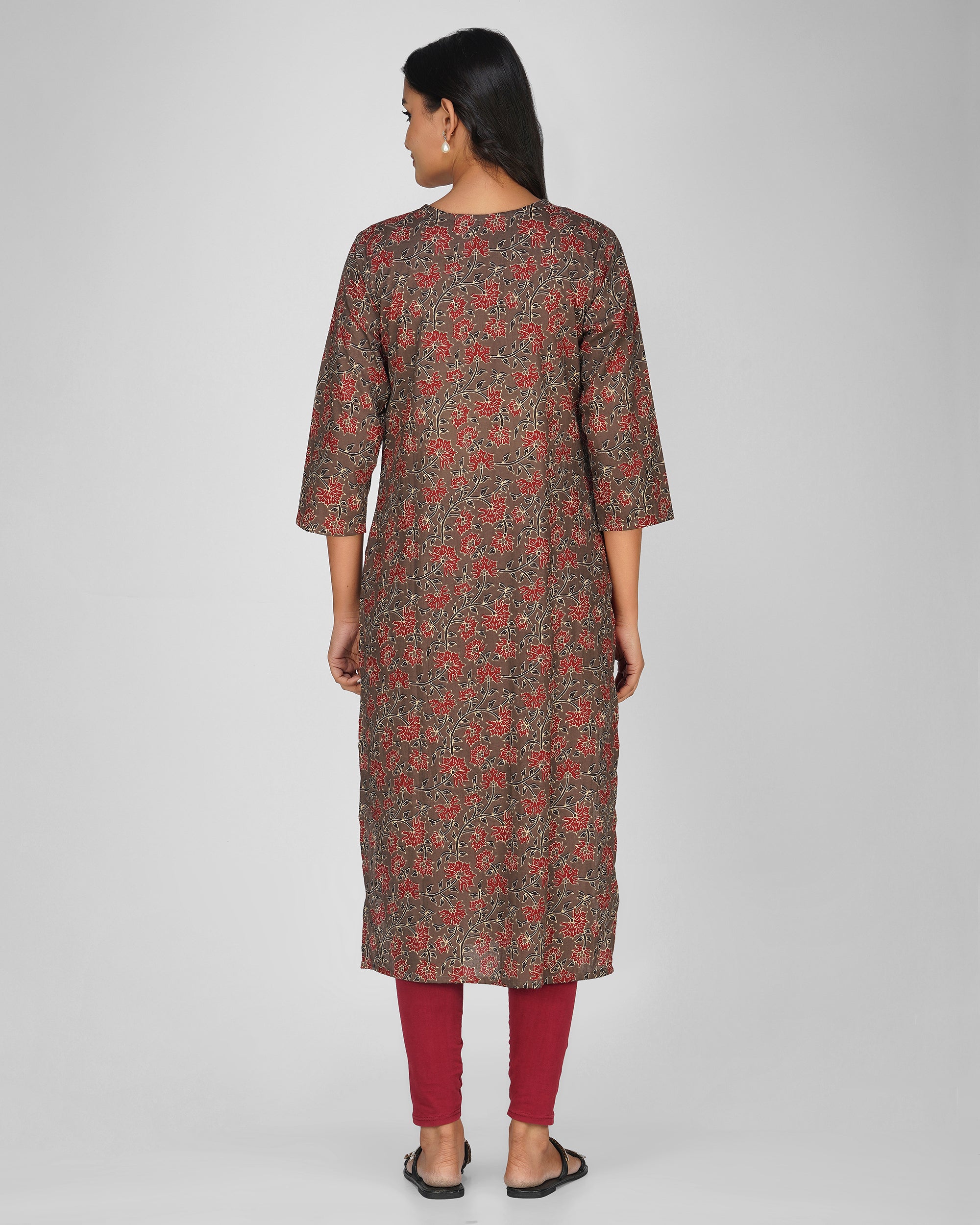 Grey Printed Round-V Neck Cotton Kurti