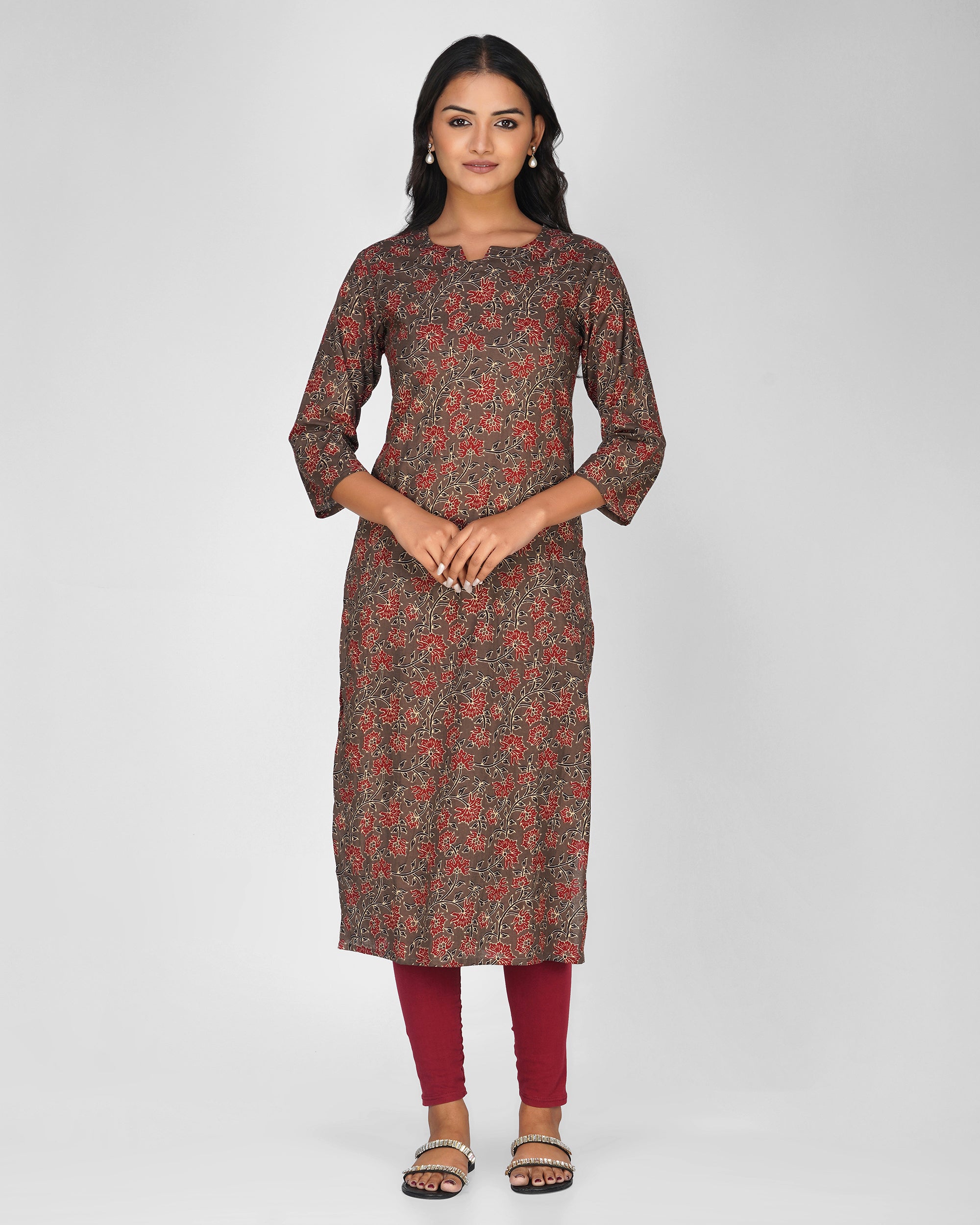 Grey Printed Round-V Neck Cotton Kurti