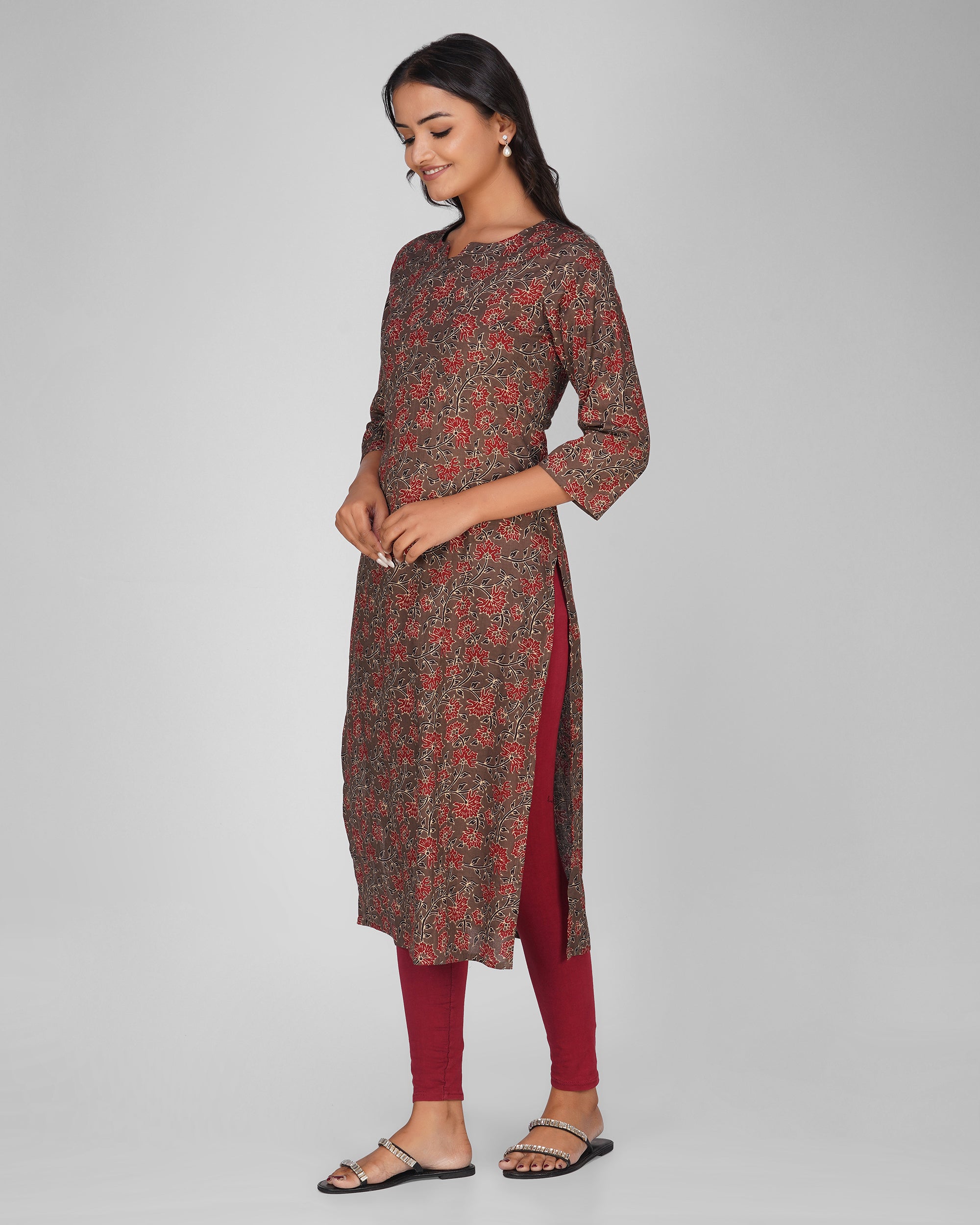 Grey Printed Round-V Neck Cotton Kurti