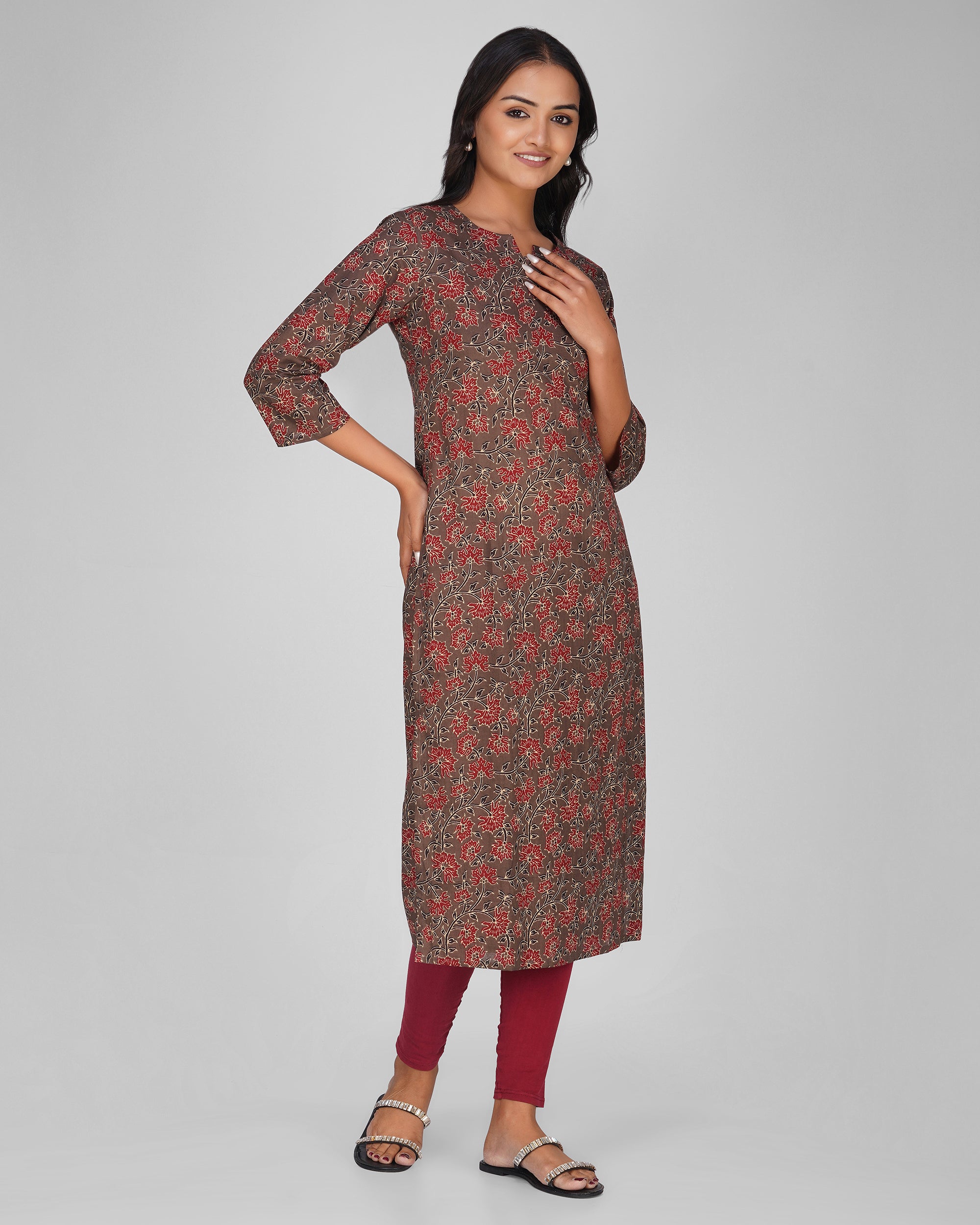 Grey Printed Round-V Neck Cotton Kurti