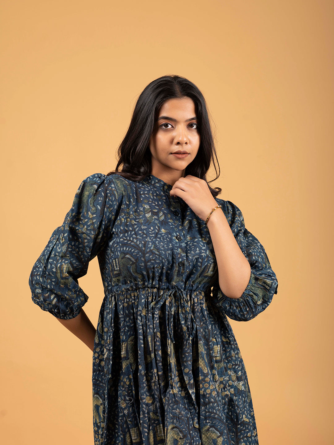 Dark Blue Printed Flared Cotton Dress