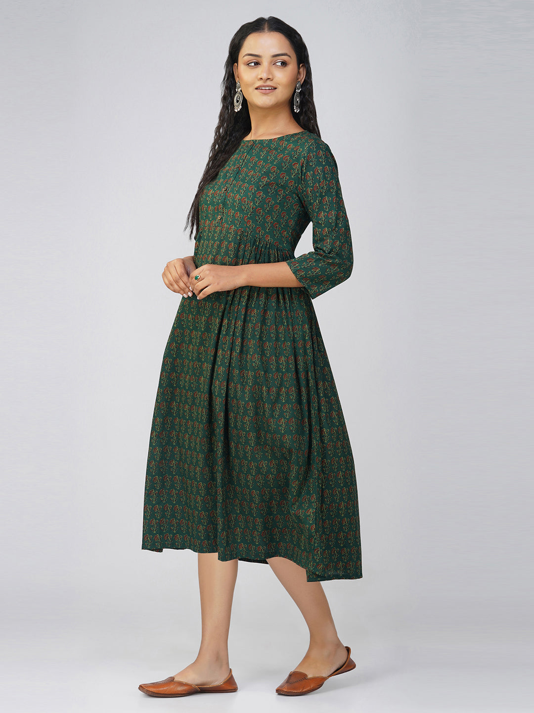 Dark Green Flared Cotton Dress