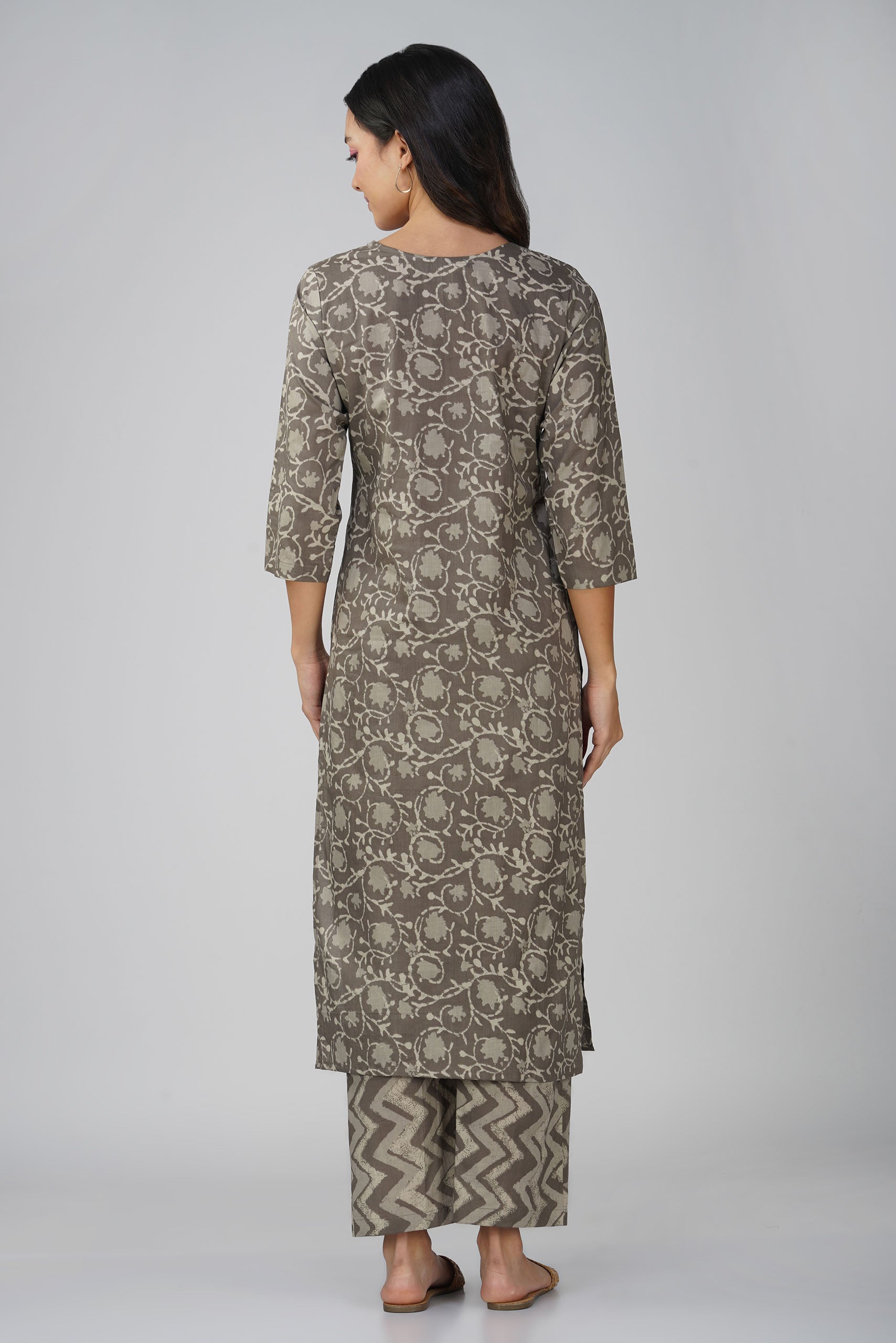 Granite Grey Printed Round Neck Cotton Kurta Set