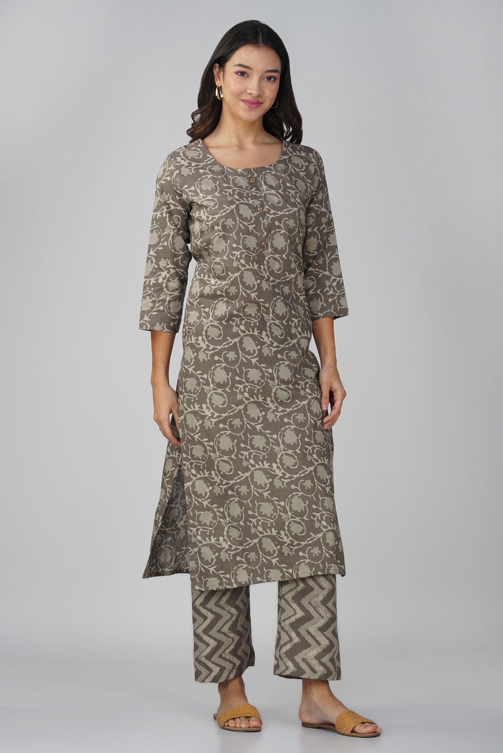 Granite Grey Printed Round Neck Cotton Kurta Set