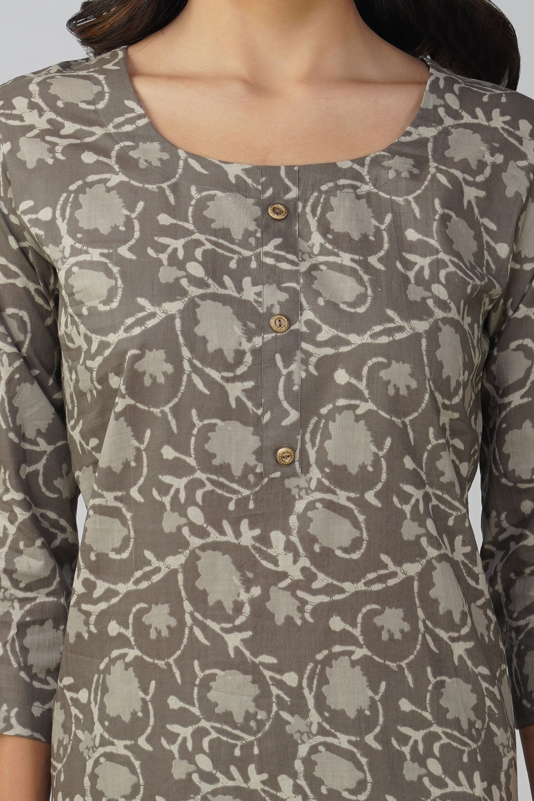 Granite Grey Printed Round Neck Cotton Kurta Set