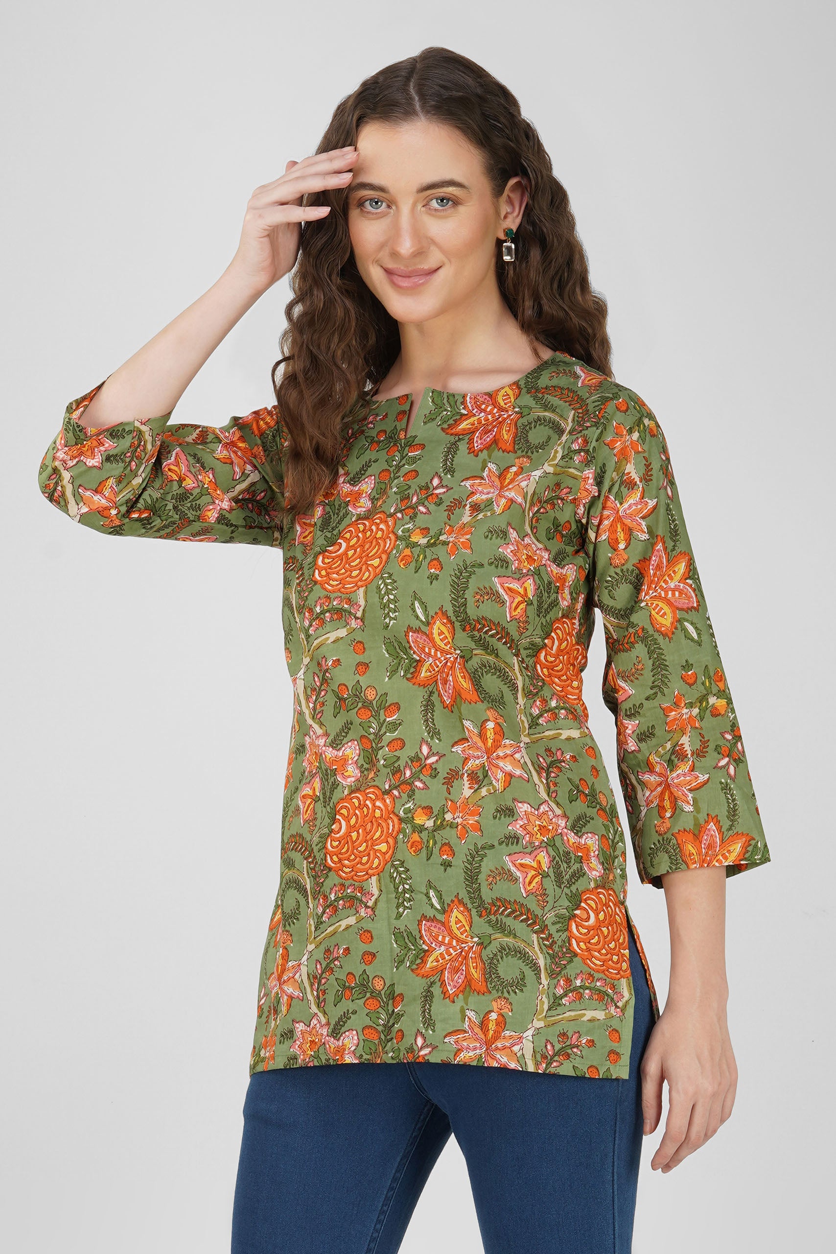 Green Floral Cotton Top